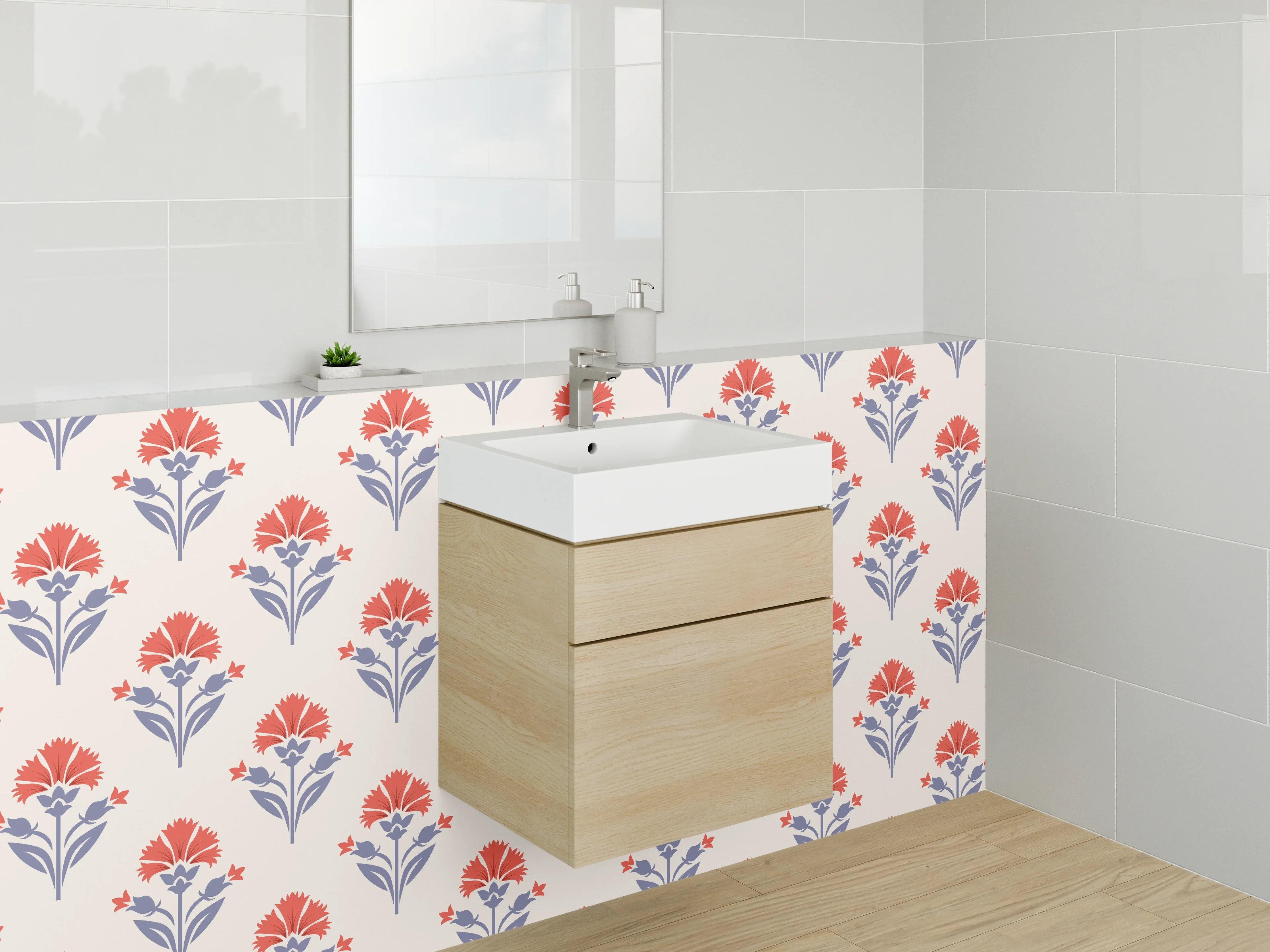 Waschbecken-Rückwand - Retro-Blumenmuster Beige Rot Blau