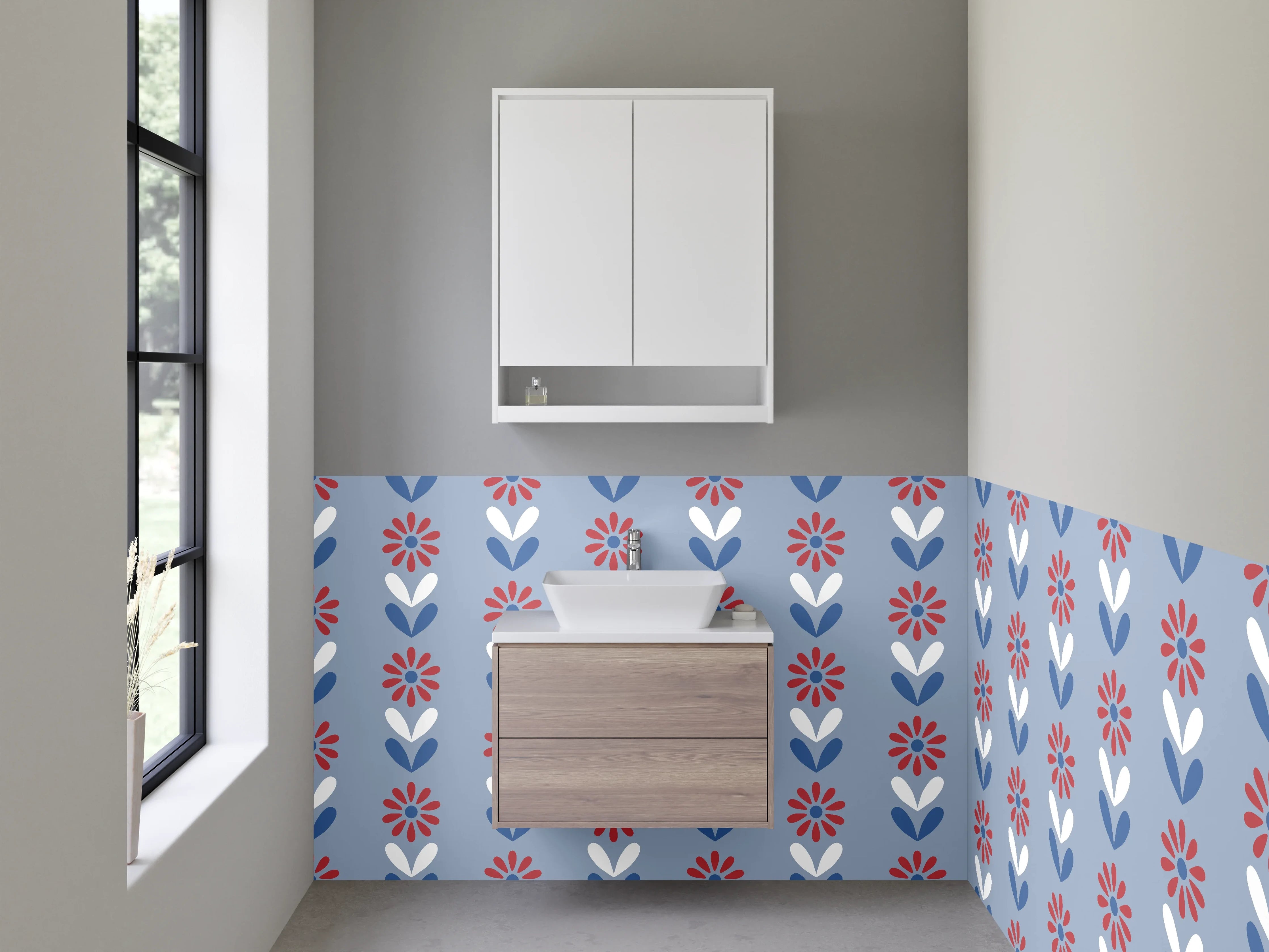 Waschbecken-Rückwand - Retro Blumenmuster Blau Rot Weiß