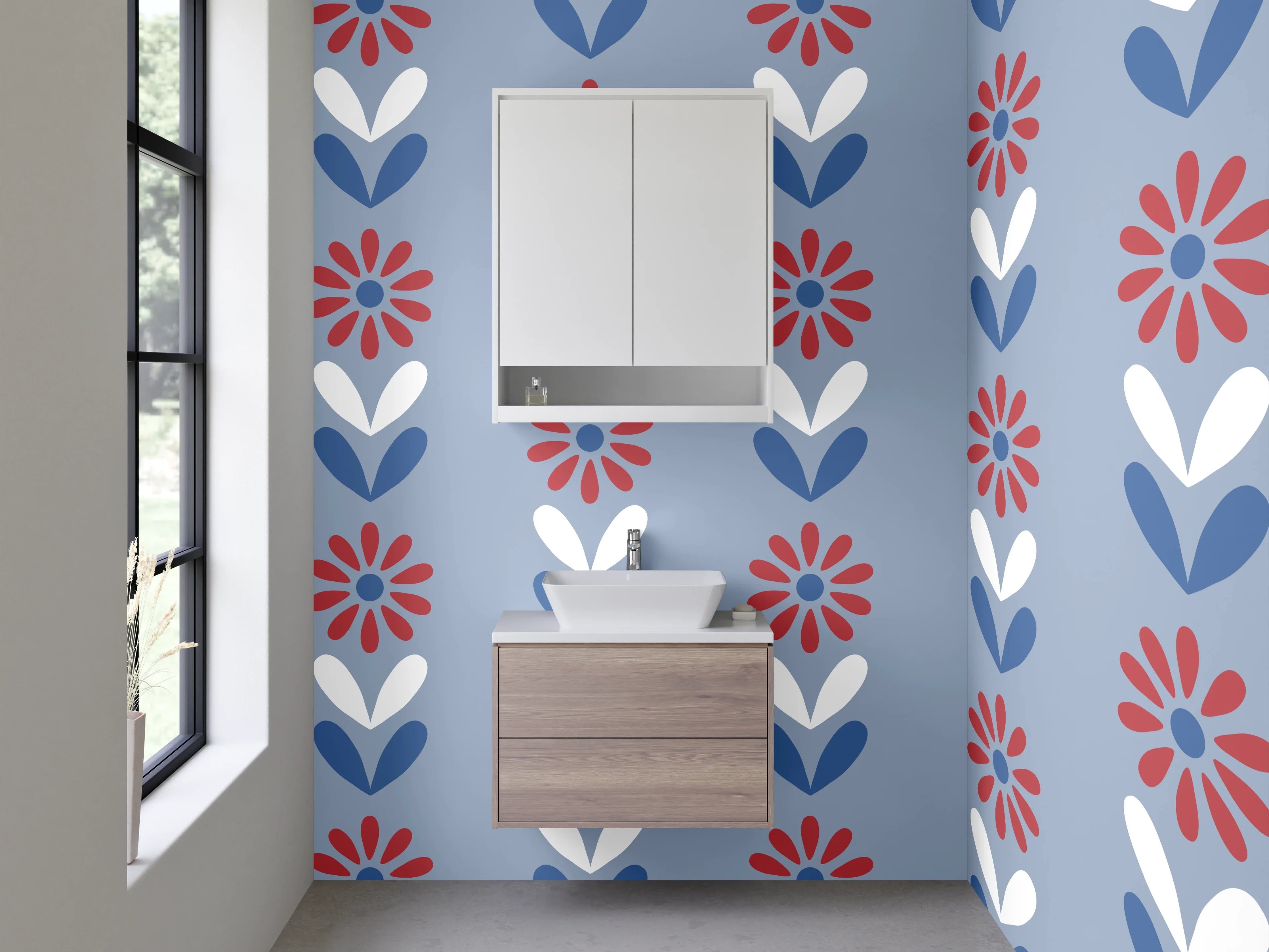 Waschbecken-Rückwand - Retro Blumenmuster Blau Rot Weiß