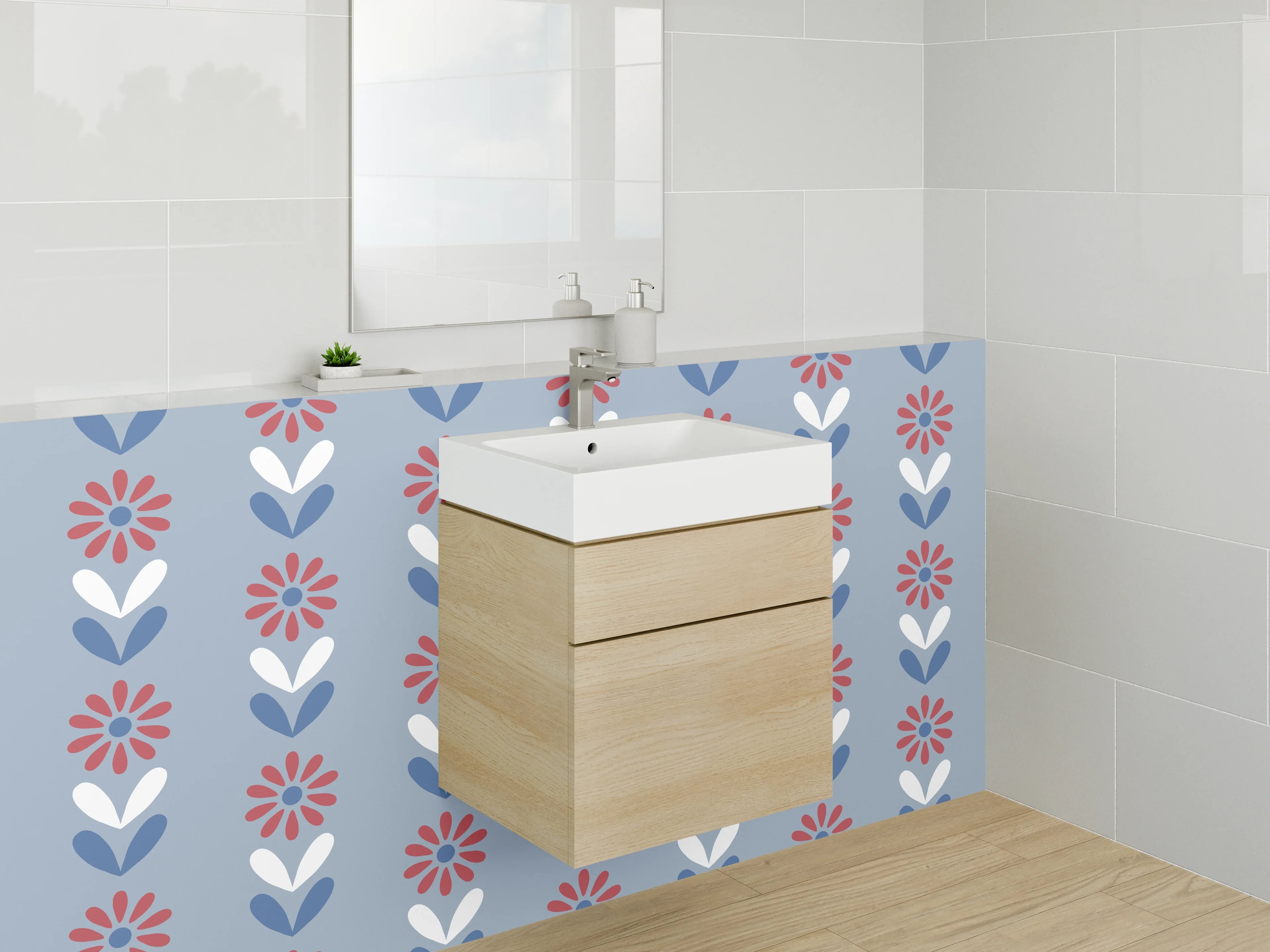 Waschbecken-Rückwand - Retro Blumenmuster Blau Rot Weiß