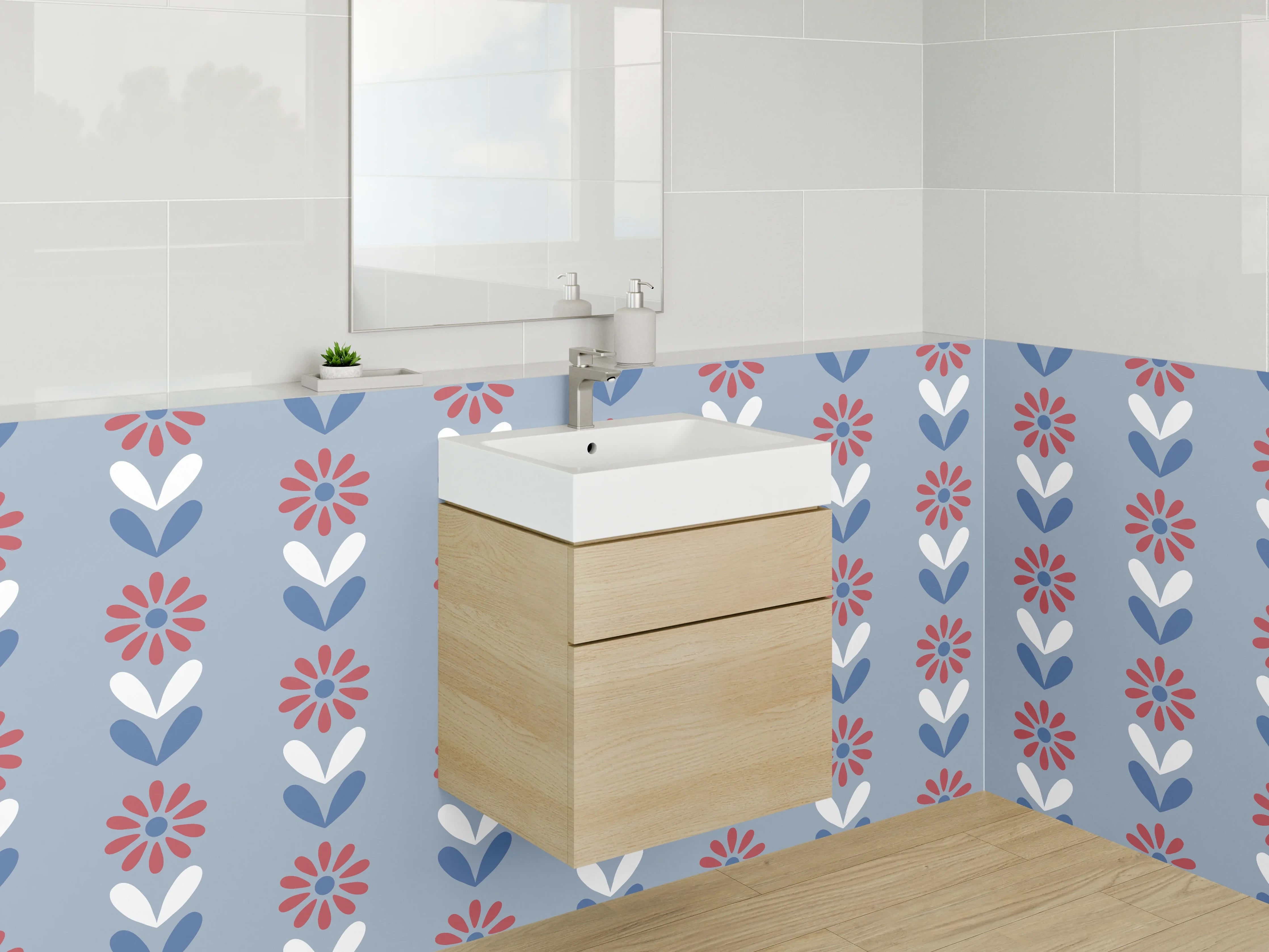 Waschbecken-Rückwand - Retro Blumenmuster Blau Rot Weiß