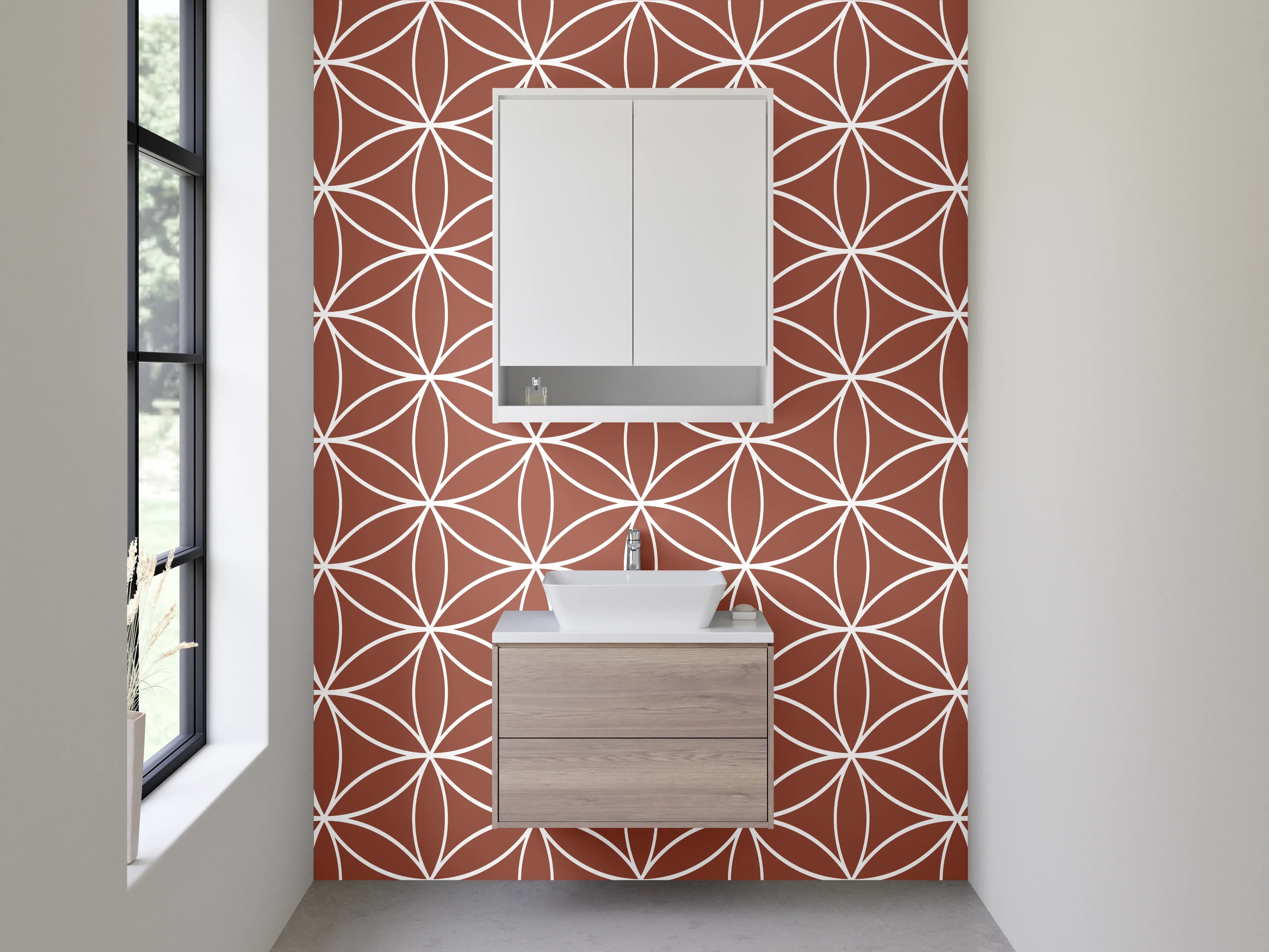 Waschbecken-Rückwand - Retro Blumenmuster Braun Weiß