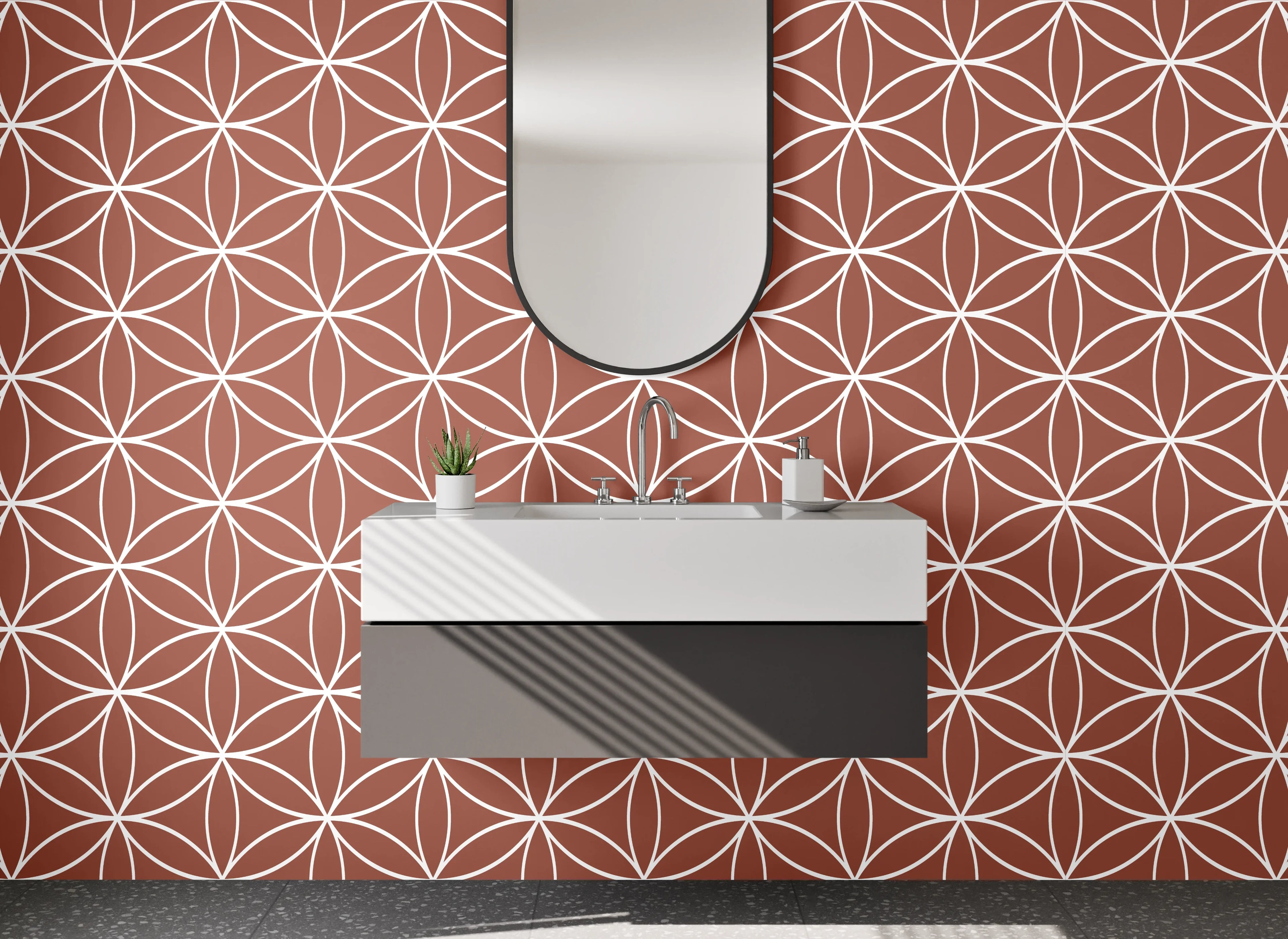 Waschbecken-Rückwand - Retro Blumenmuster Braun Weiß