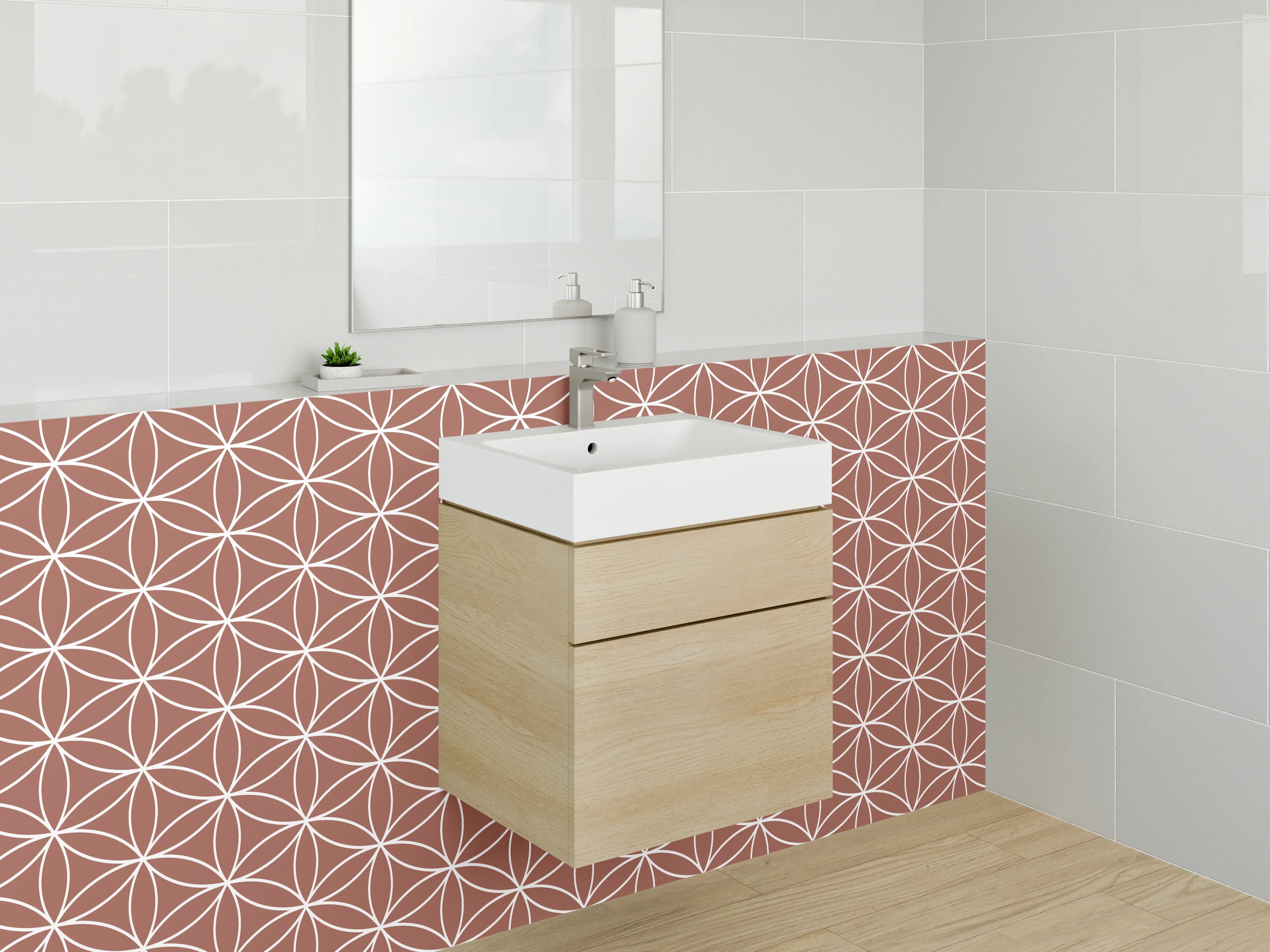 Waschbecken-Rückwand - Retro Blumenmuster Braun Weiß