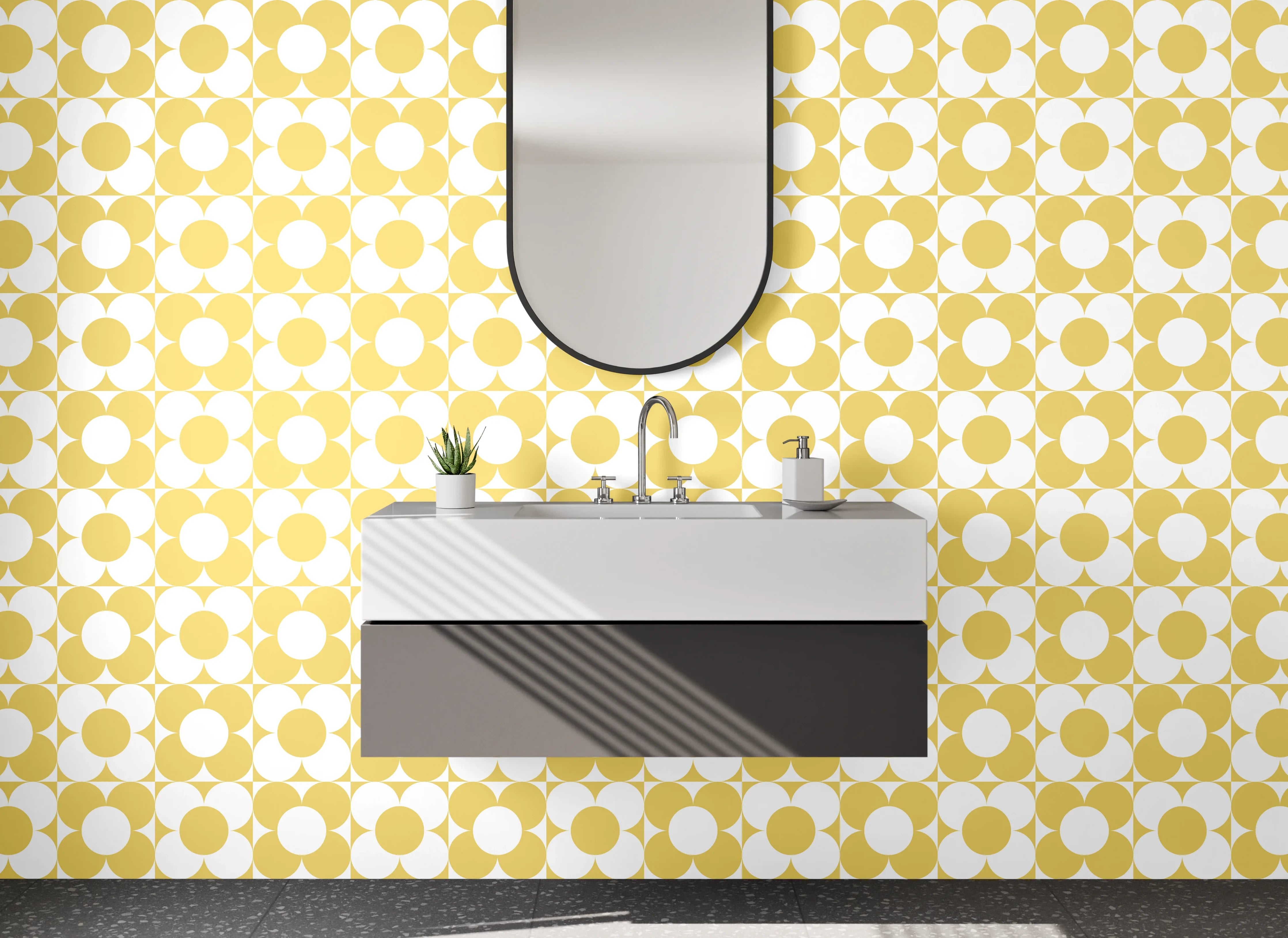 Waschbecken-Rückwand - Retro-Blumenmuster Gelb Weiß