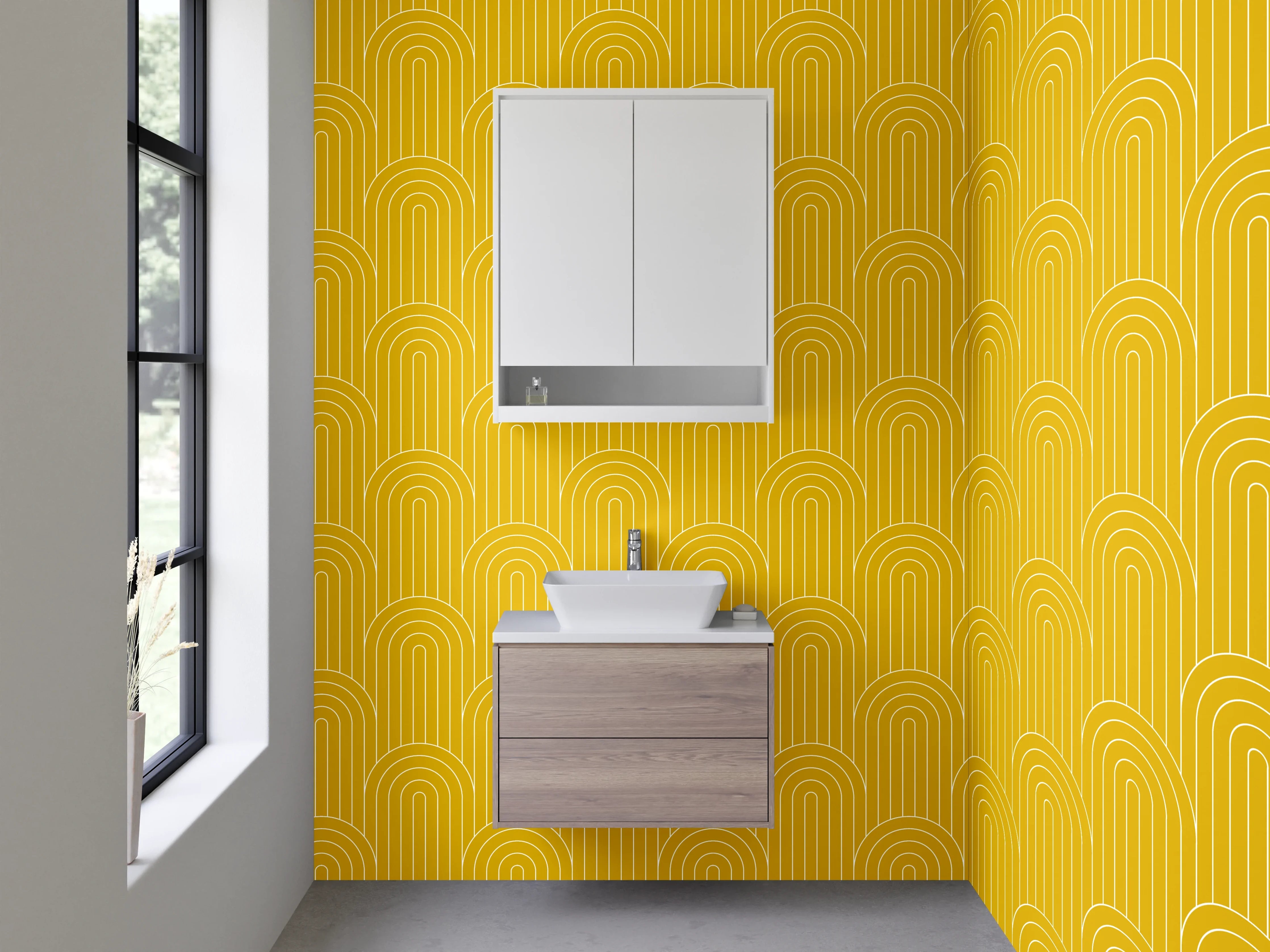 Waschbecken-Rückwand - Retro Bogenmuster in Senfgelb