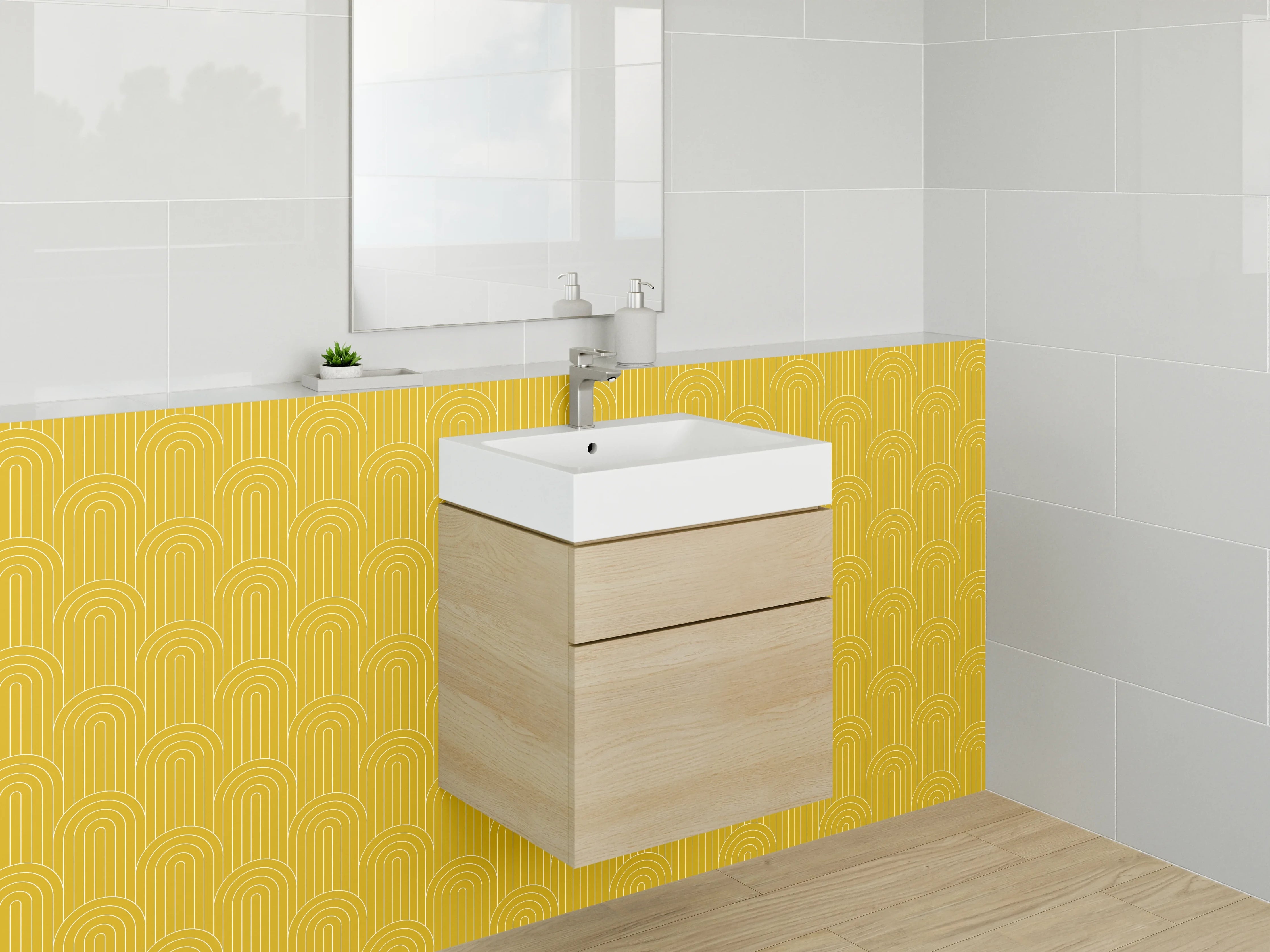 Waschbecken-Rückwand - Retro Bogenmuster in Senfgelb