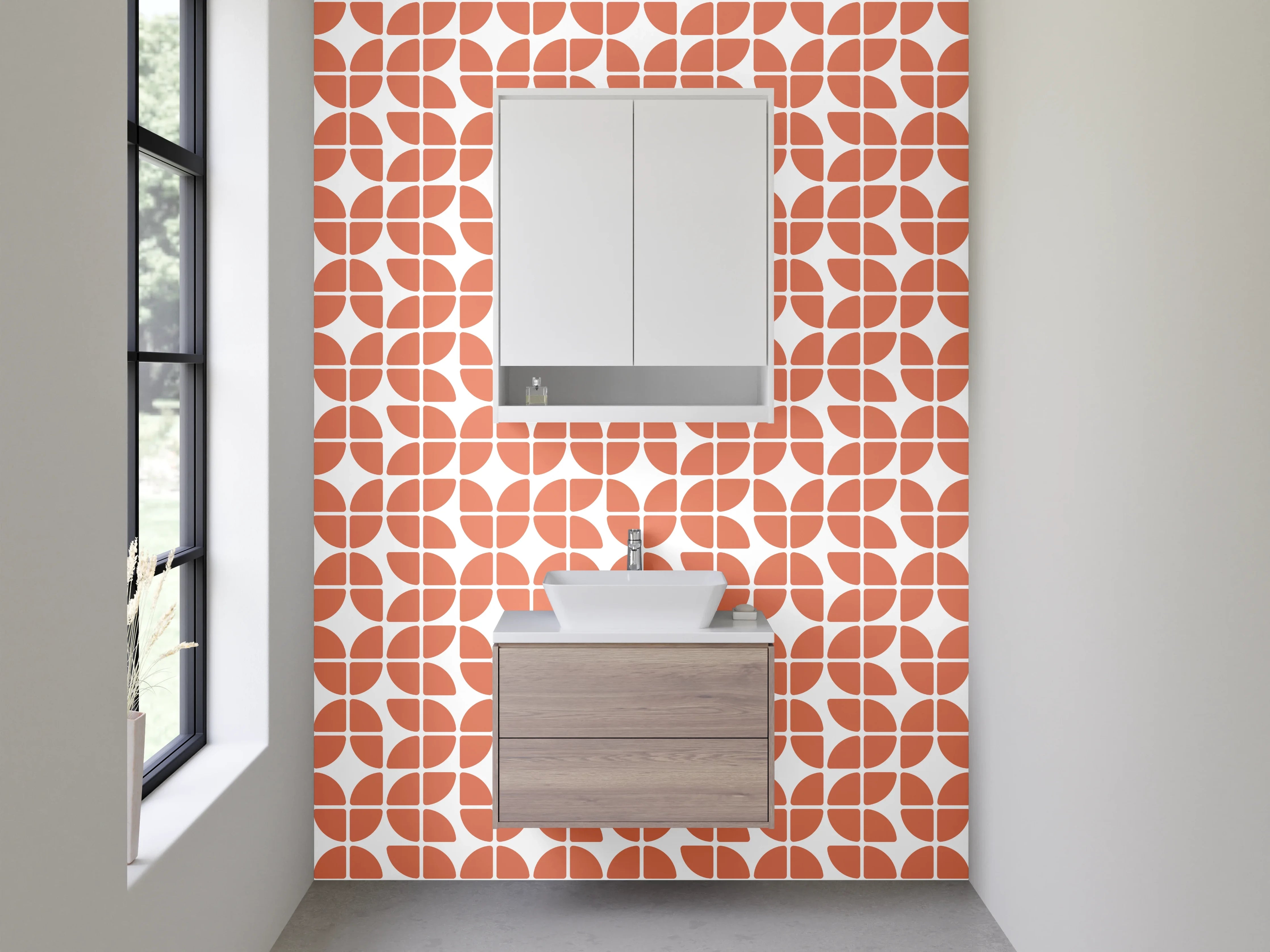 Waschbecken-Rückwand - Retro-Chic: Orange mit grauweißem Muster