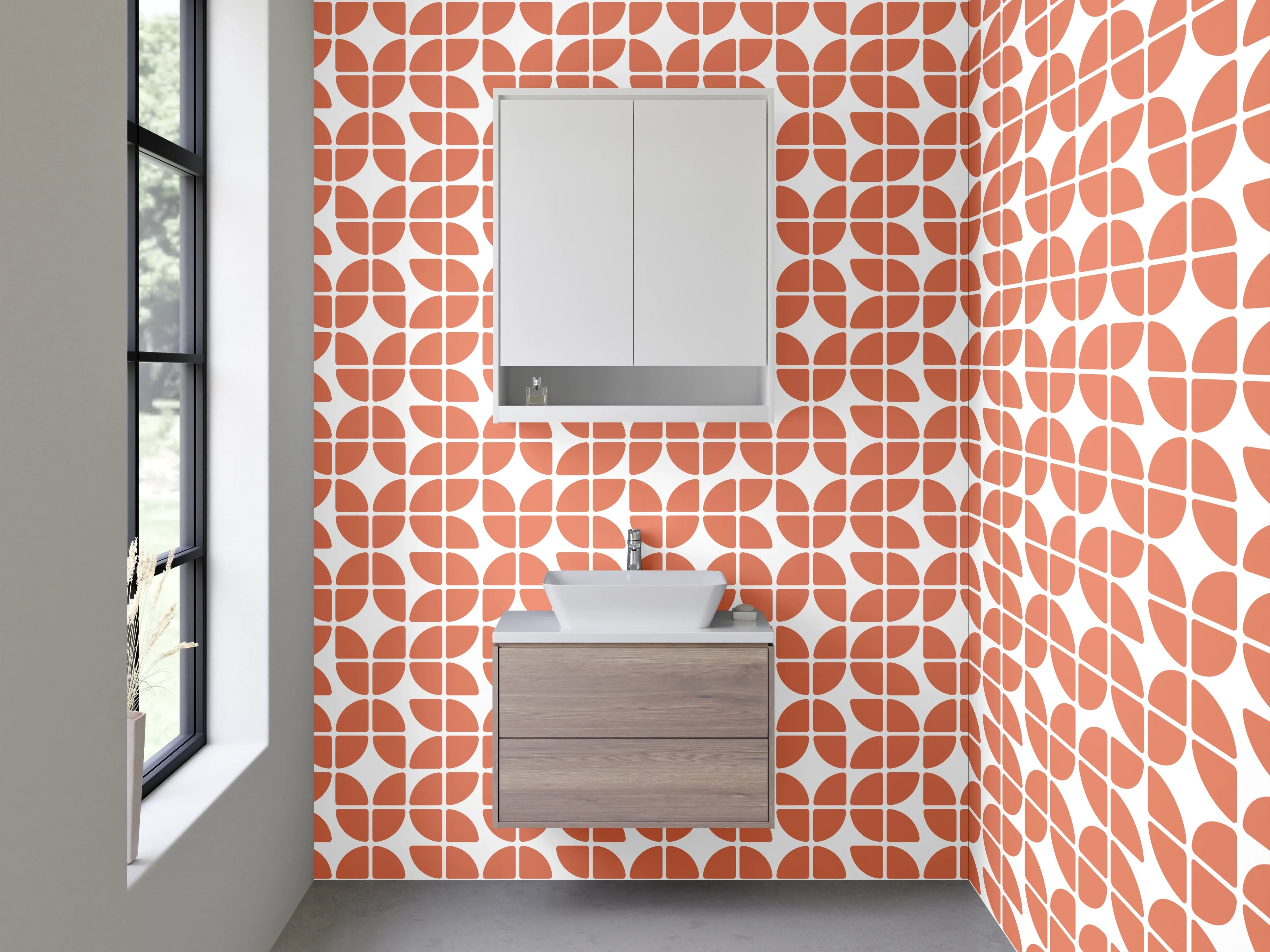 Waschbecken-Rückwand - Retro-Chic: Orange mit grauweißem Muster