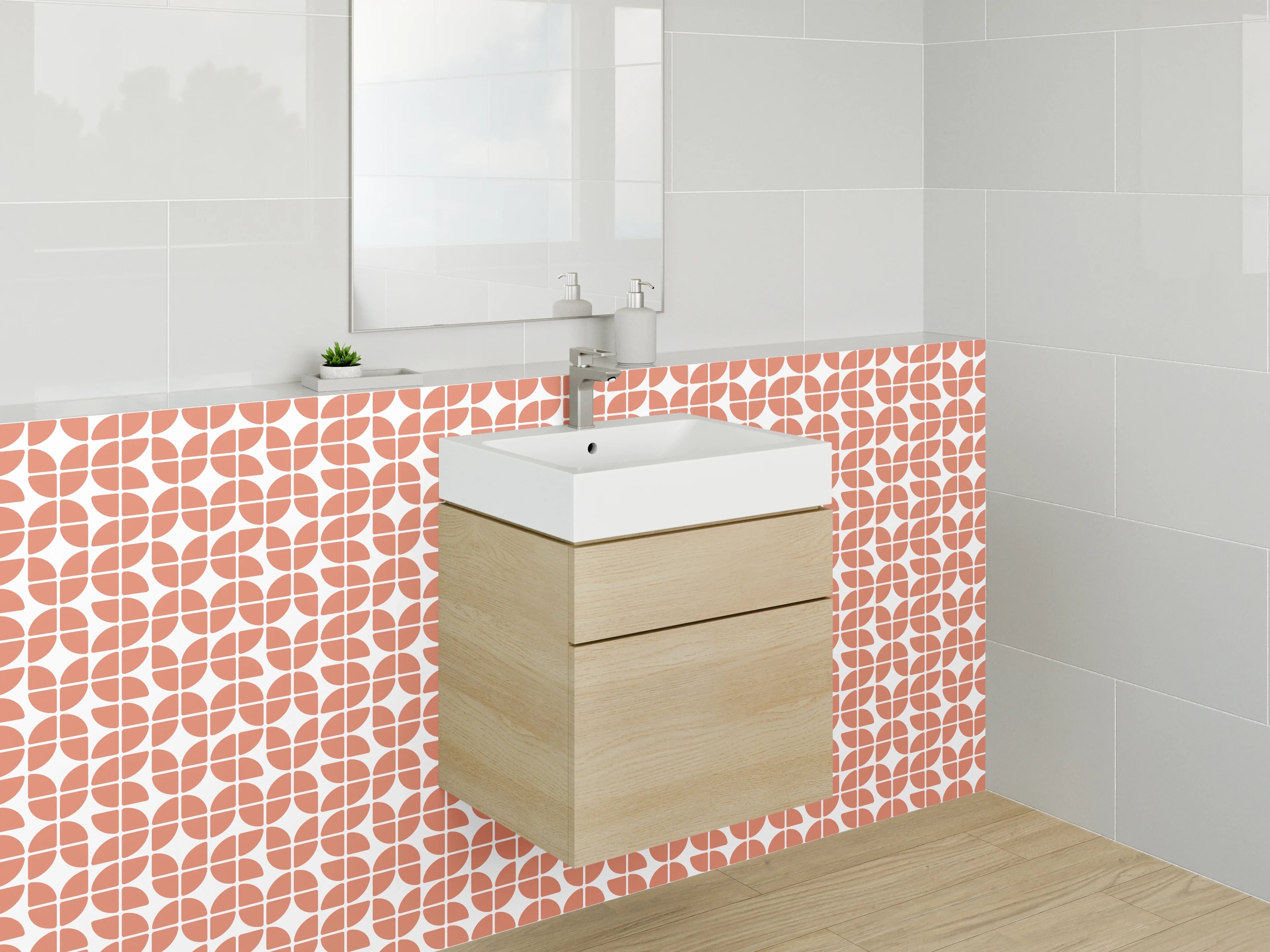 Waschbecken-Rückwand - Retro-Chic: Orange mit grauweißem Muster