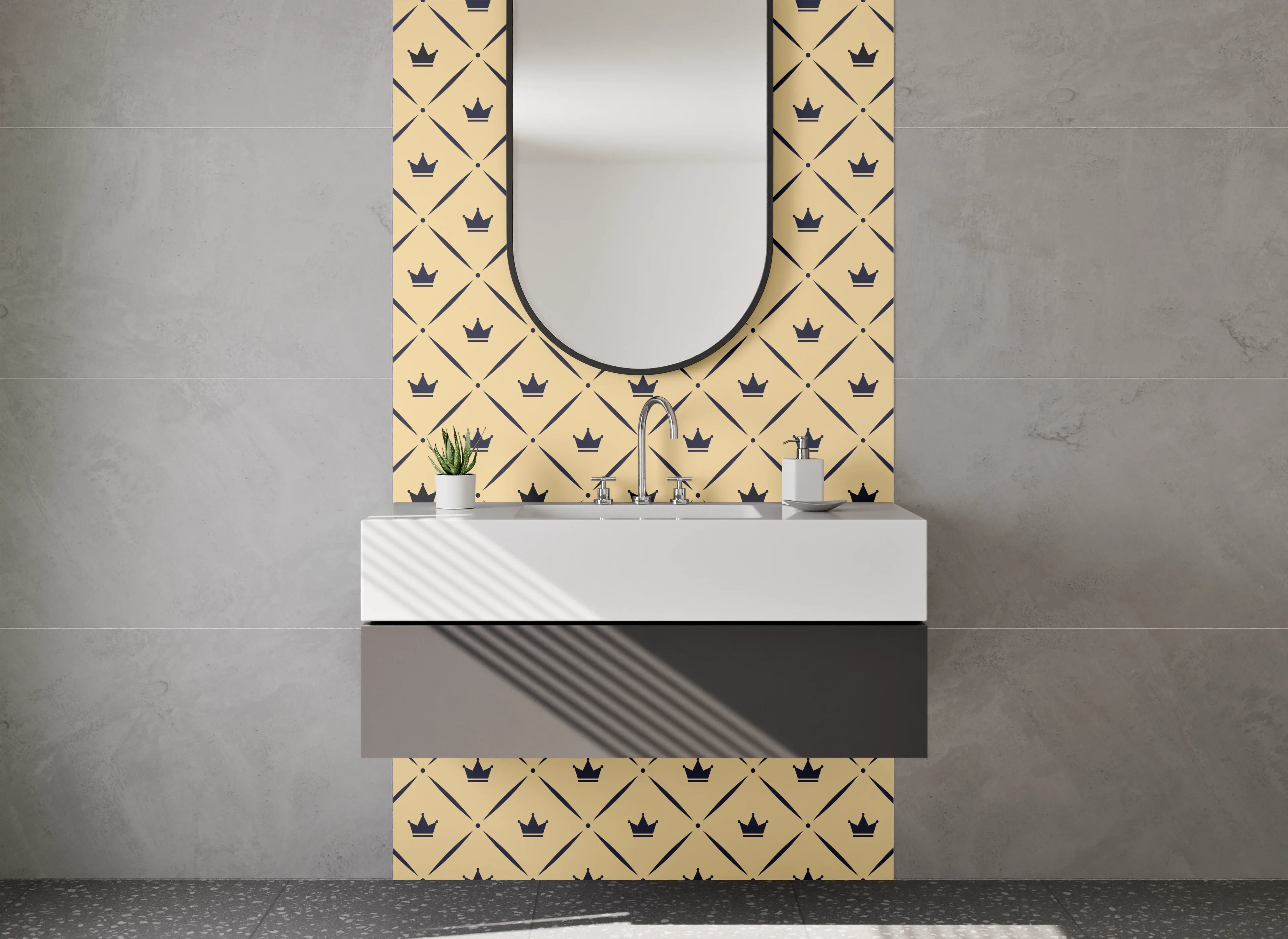 Waschbecken-Rückwand - Retro Diamantmuster Beige Schwarz
