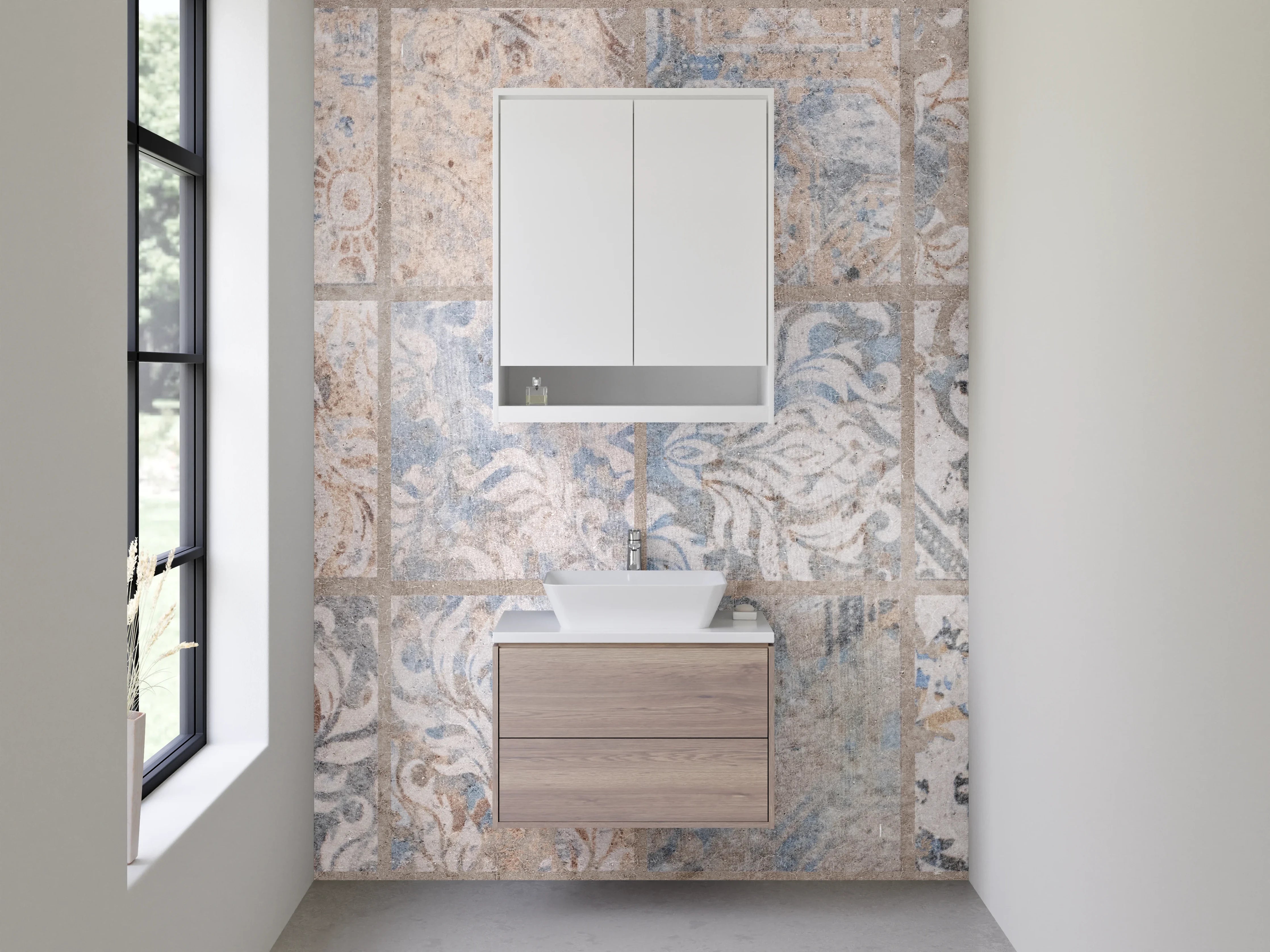 Waschbecken-Rückwand - Retro-Fliesen Design Weiß-Grau-Blau