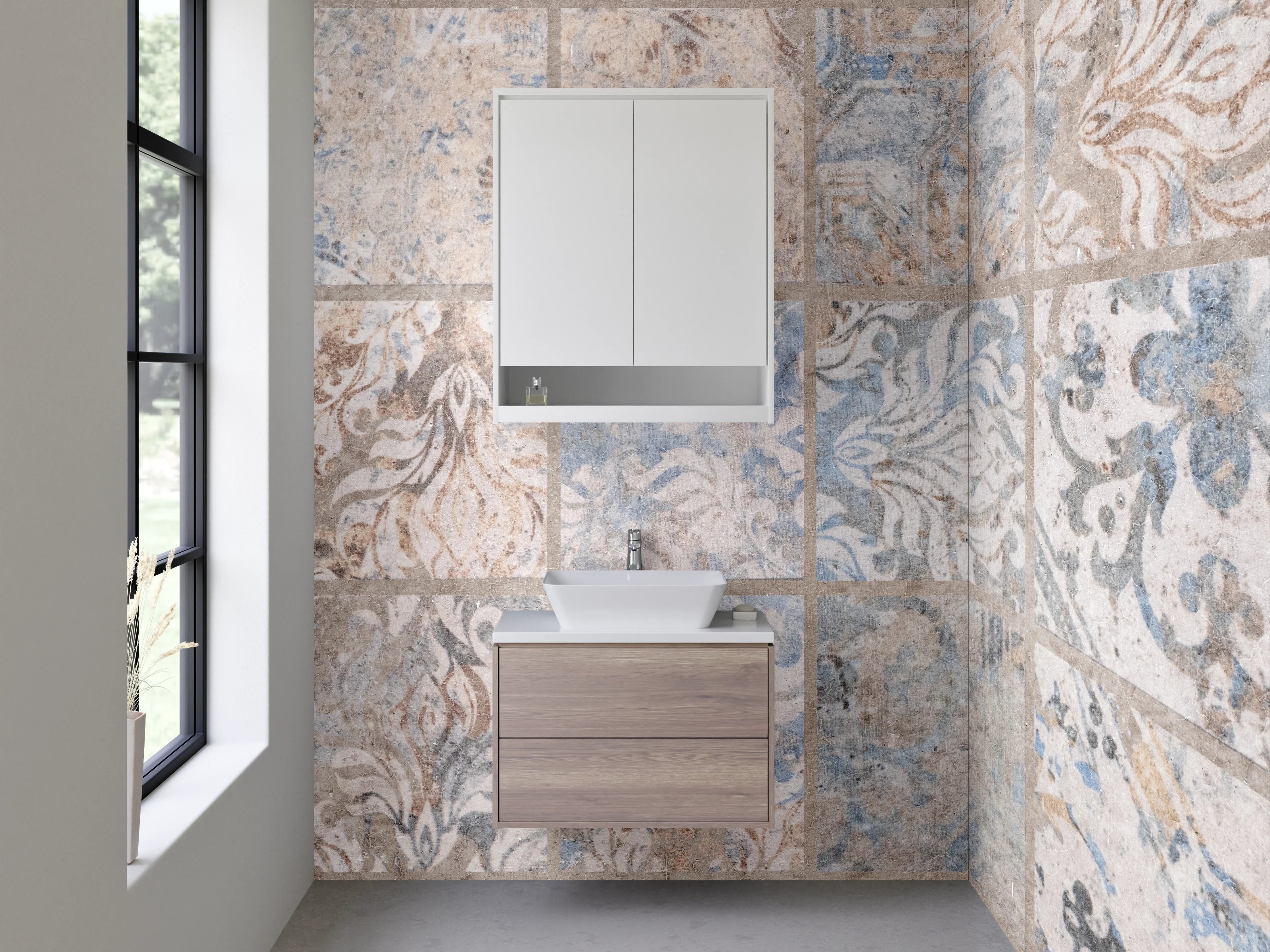 Waschbecken-Rückwand - Retro-Fliesen Design Weiß-Grau-Blau