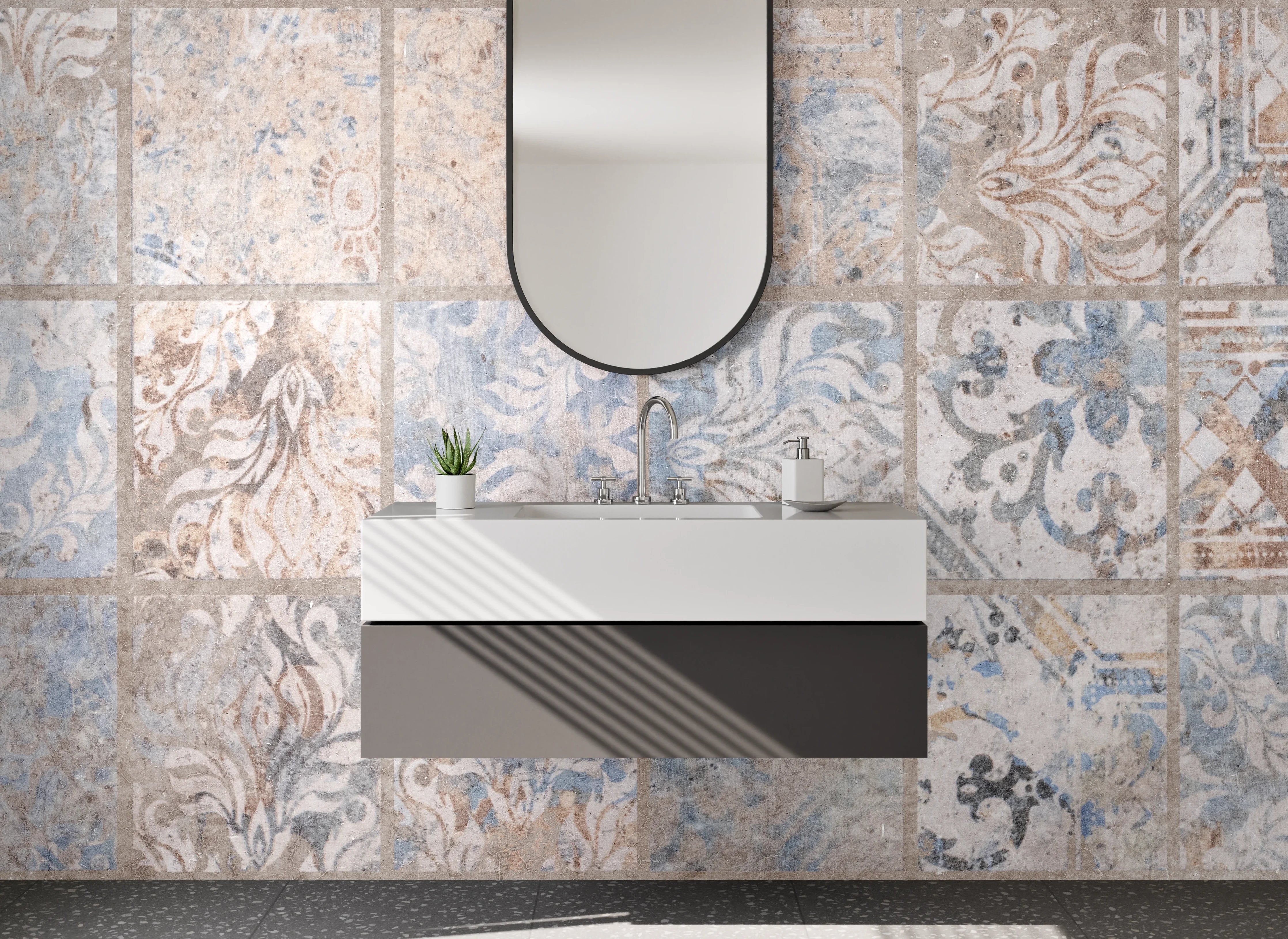Waschbecken-Rückwand - Retro-Fliesen Design Weiß-Grau-Blau