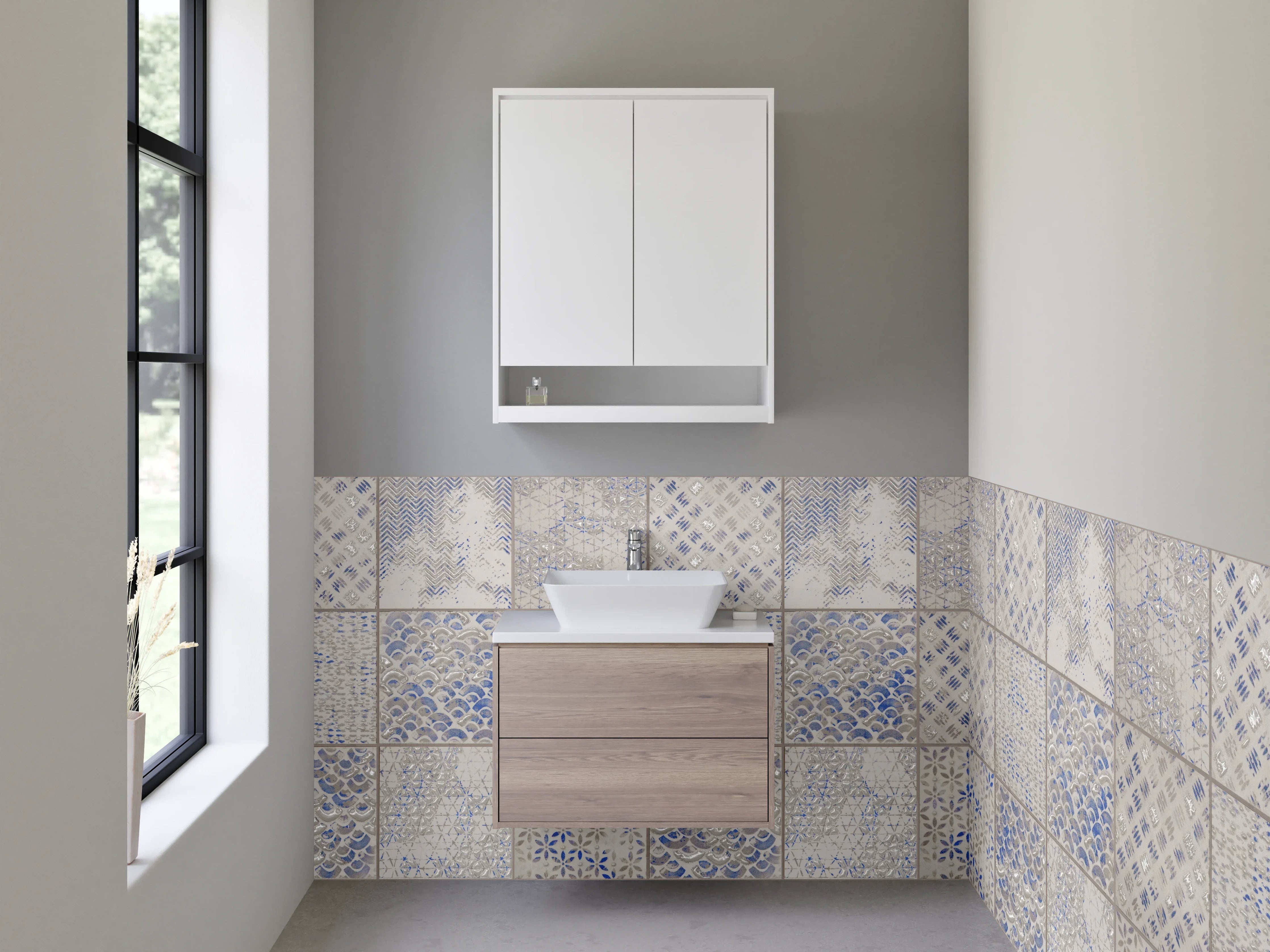 Waschbecken-Rückwand - Retro Fliesen Mosaik Weiß Blau Grau