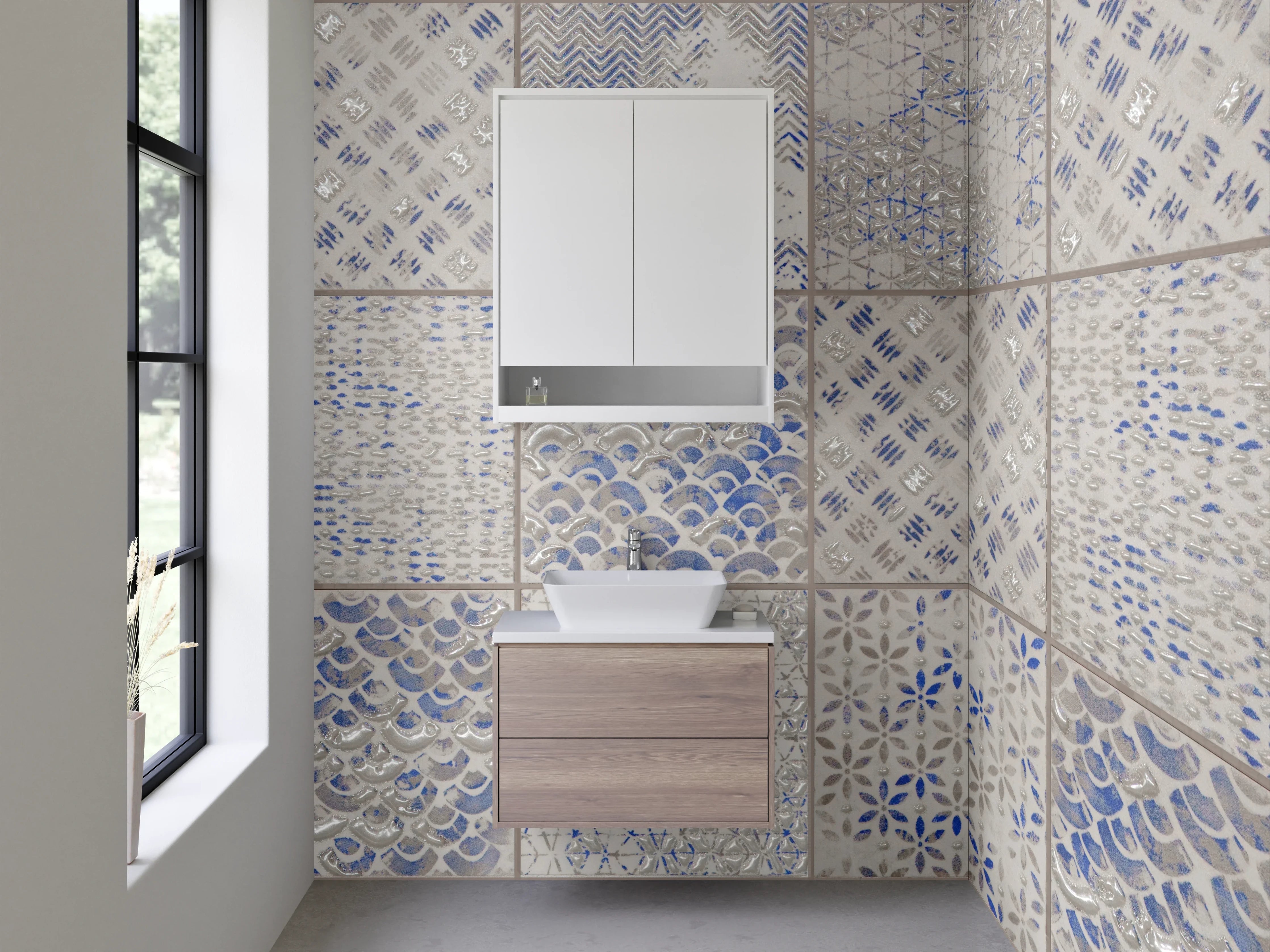 Waschbecken-Rückwand - Retro Fliesen Mosaik Weiß Blau Grau