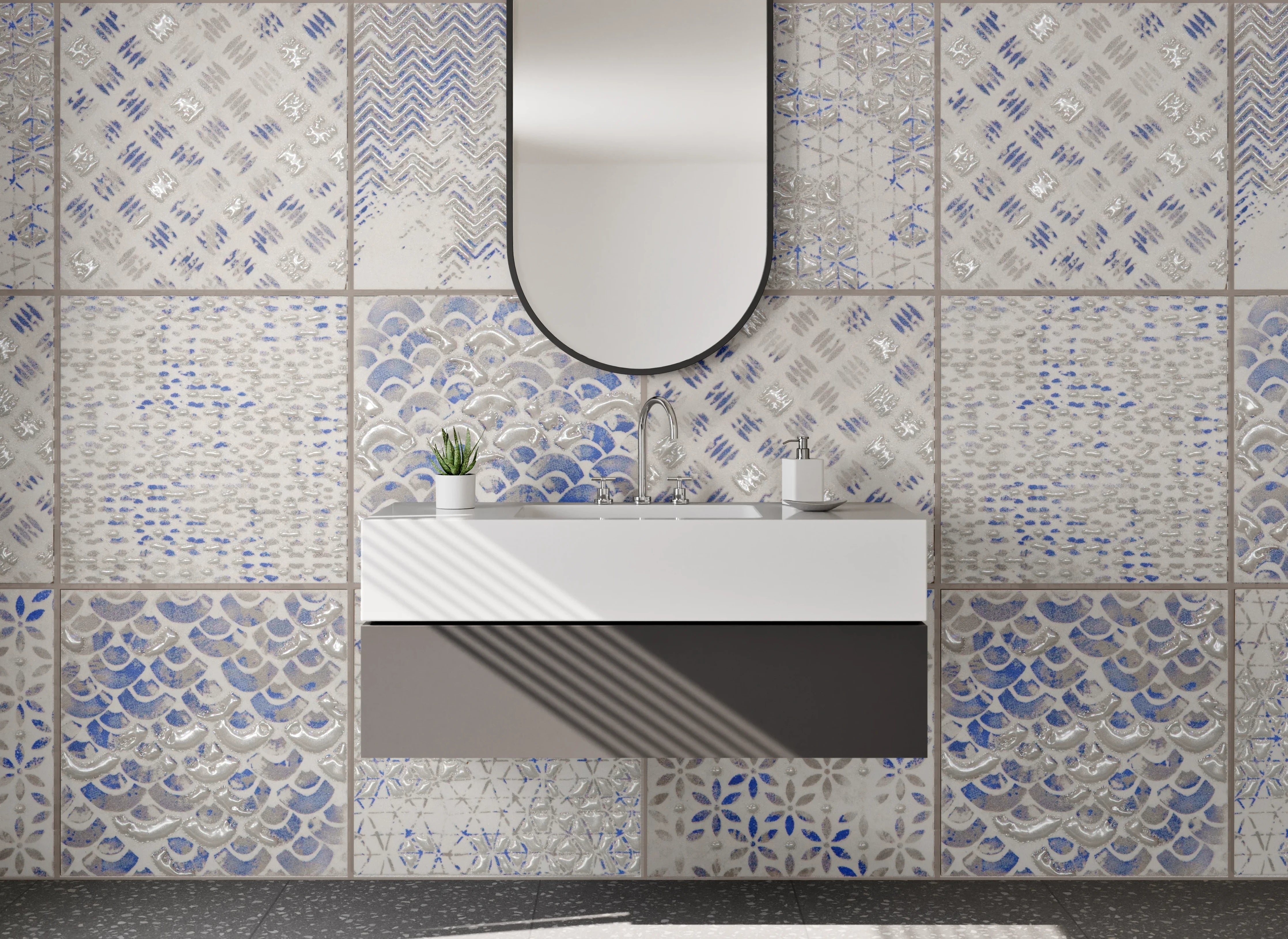 Waschbecken-Rückwand - Retro Fliesen Mosaik Weiß Blau Grau