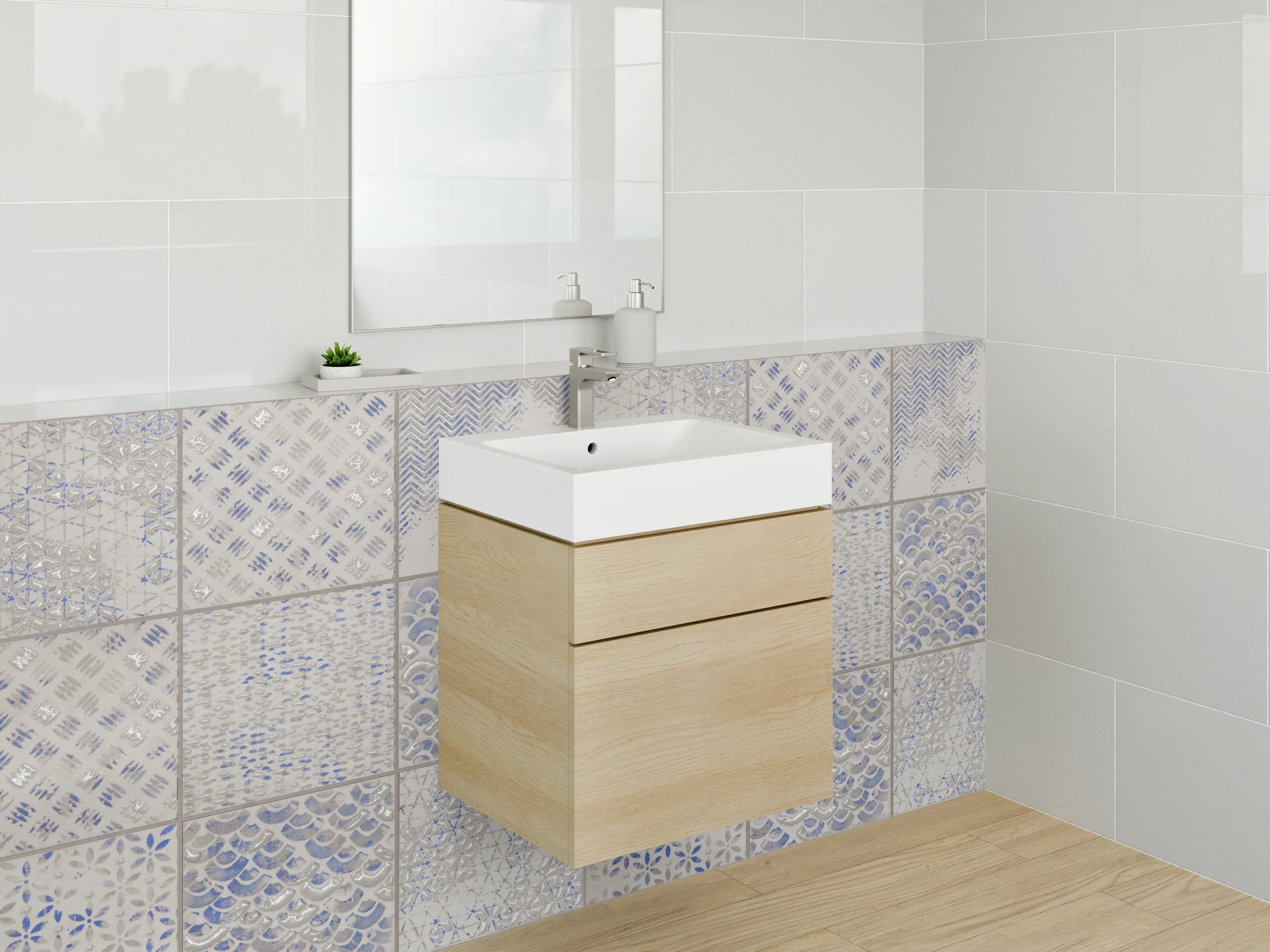 Waschbecken-Rückwand - Retro Fliesen Mosaik Weiß Blau Grau