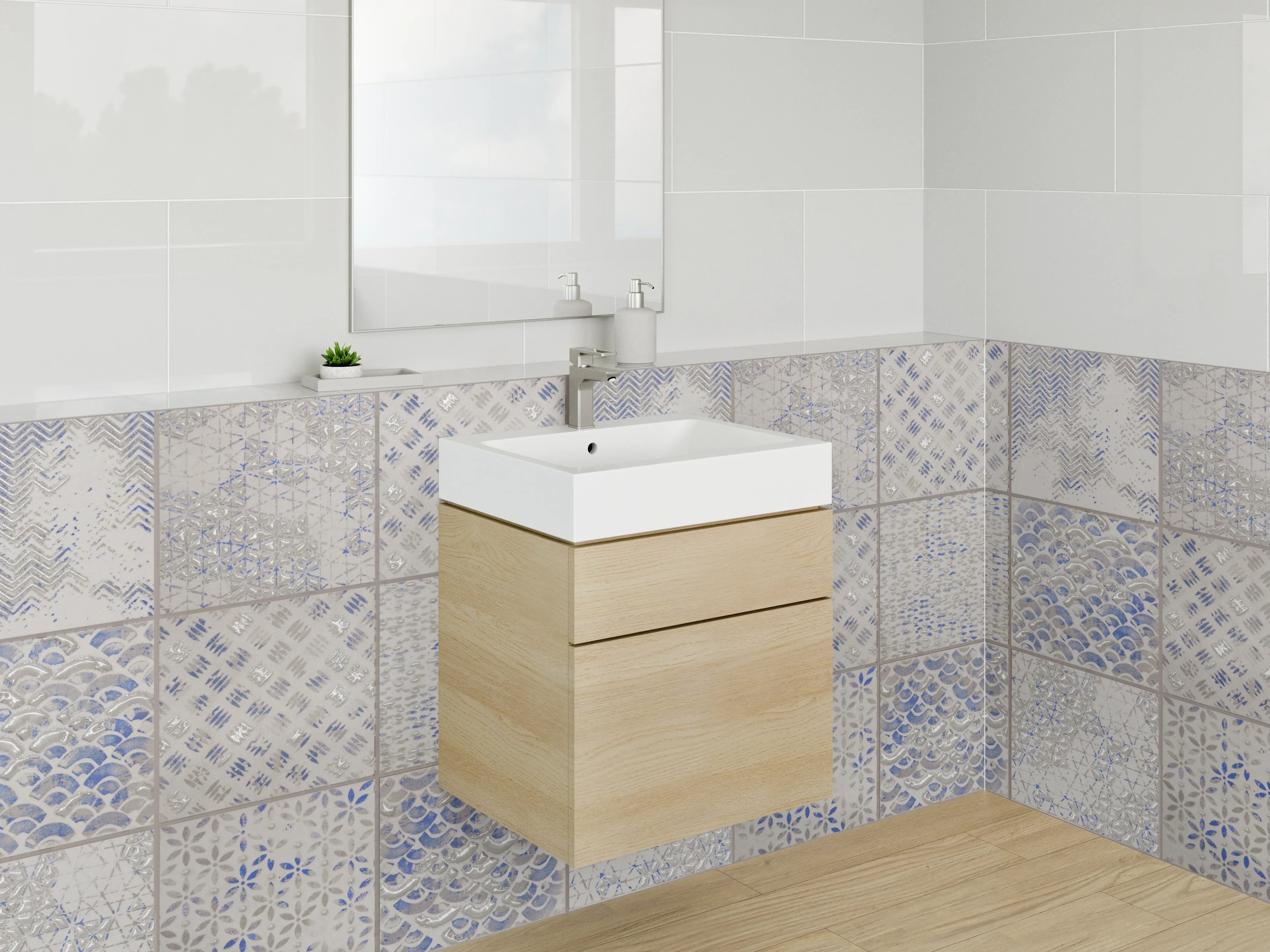 Waschbecken-Rückwand - Retro Fliesen Mosaik Weiß Blau Grau