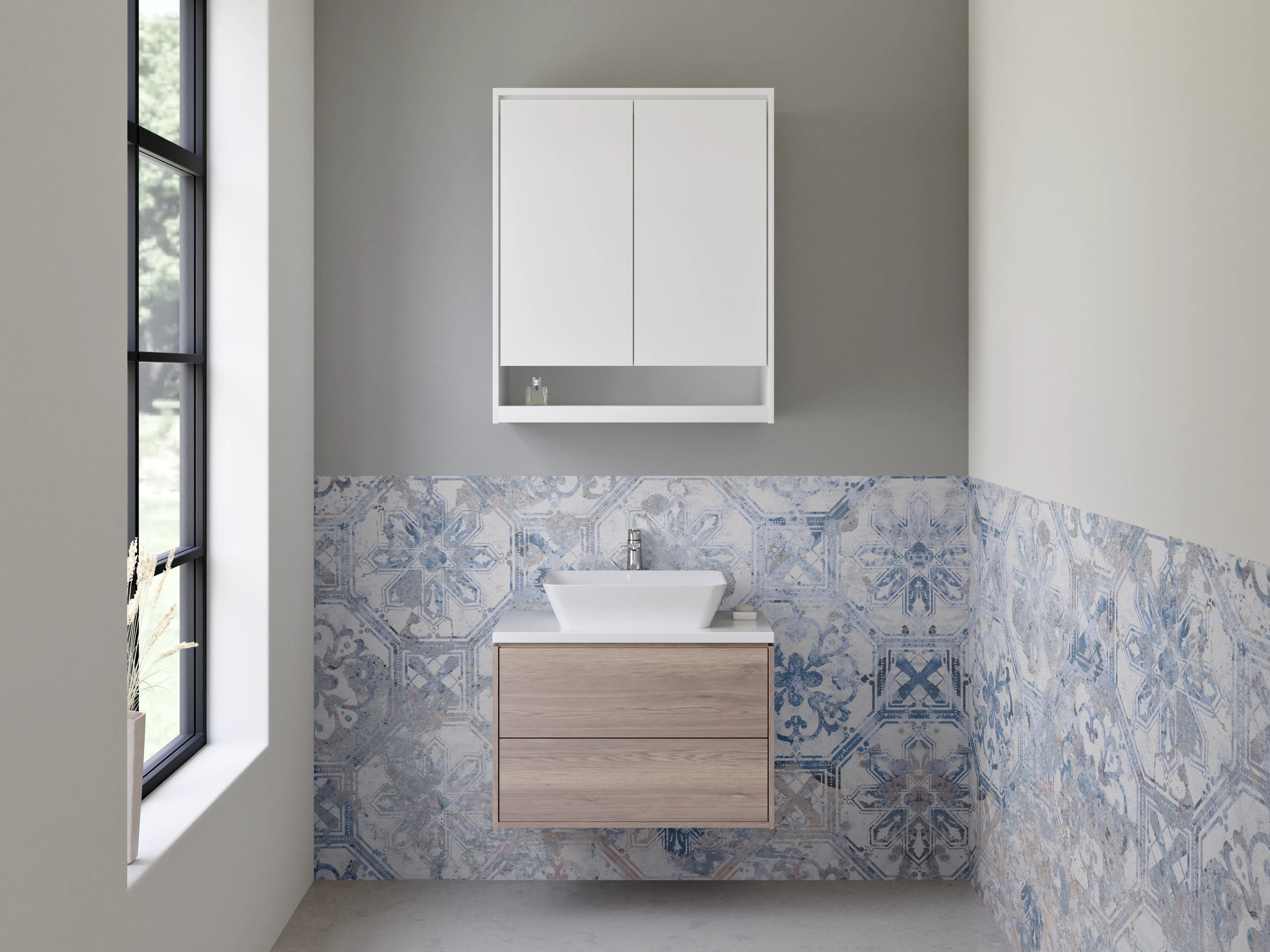 Waschbecken-Rückwand - Retro-Fliesendesign in Taubenblau und Silbergrau