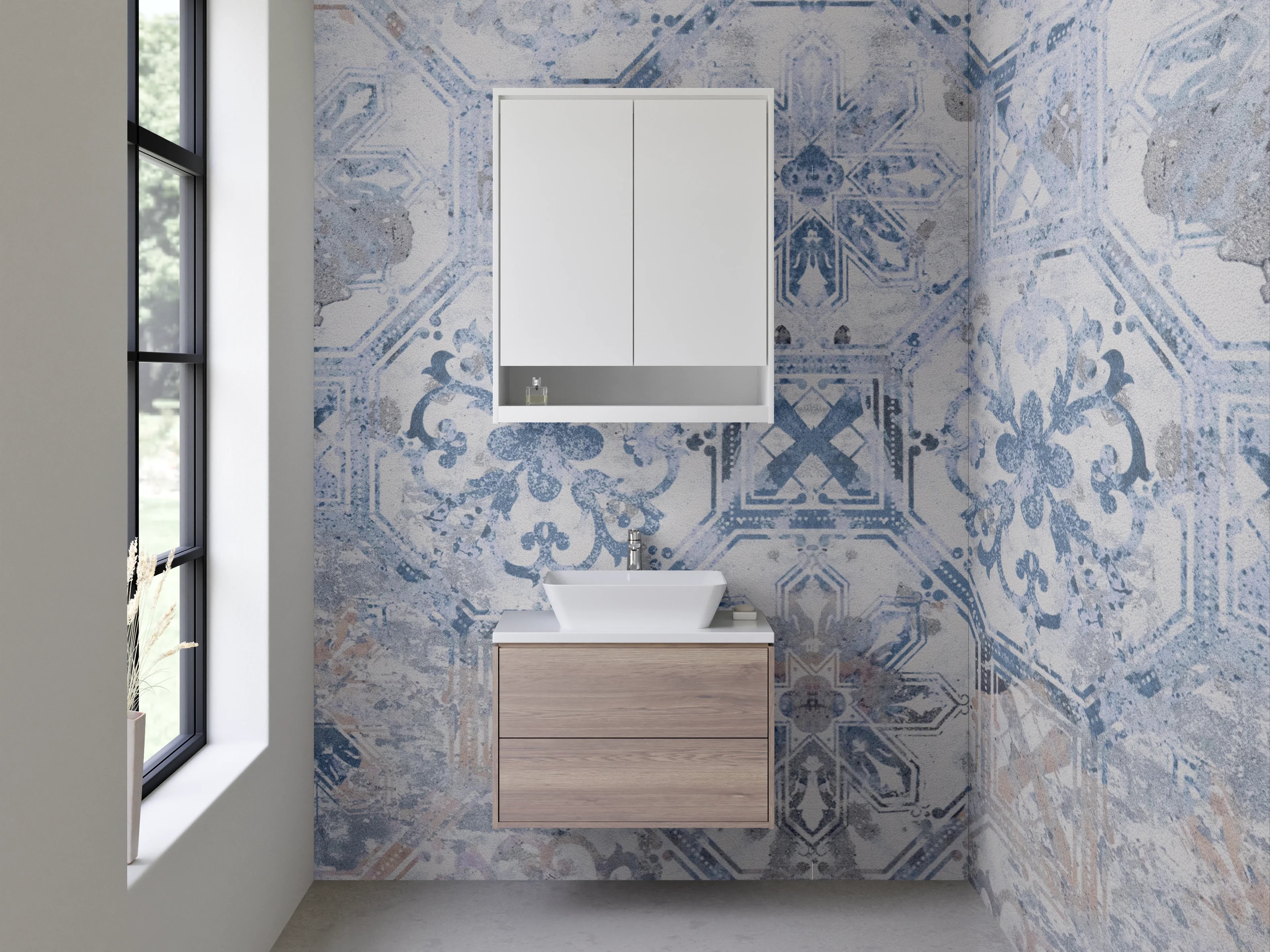 Waschbecken-Rückwand - Retro-Fliesendesign in Taubenblau und Silbergrau