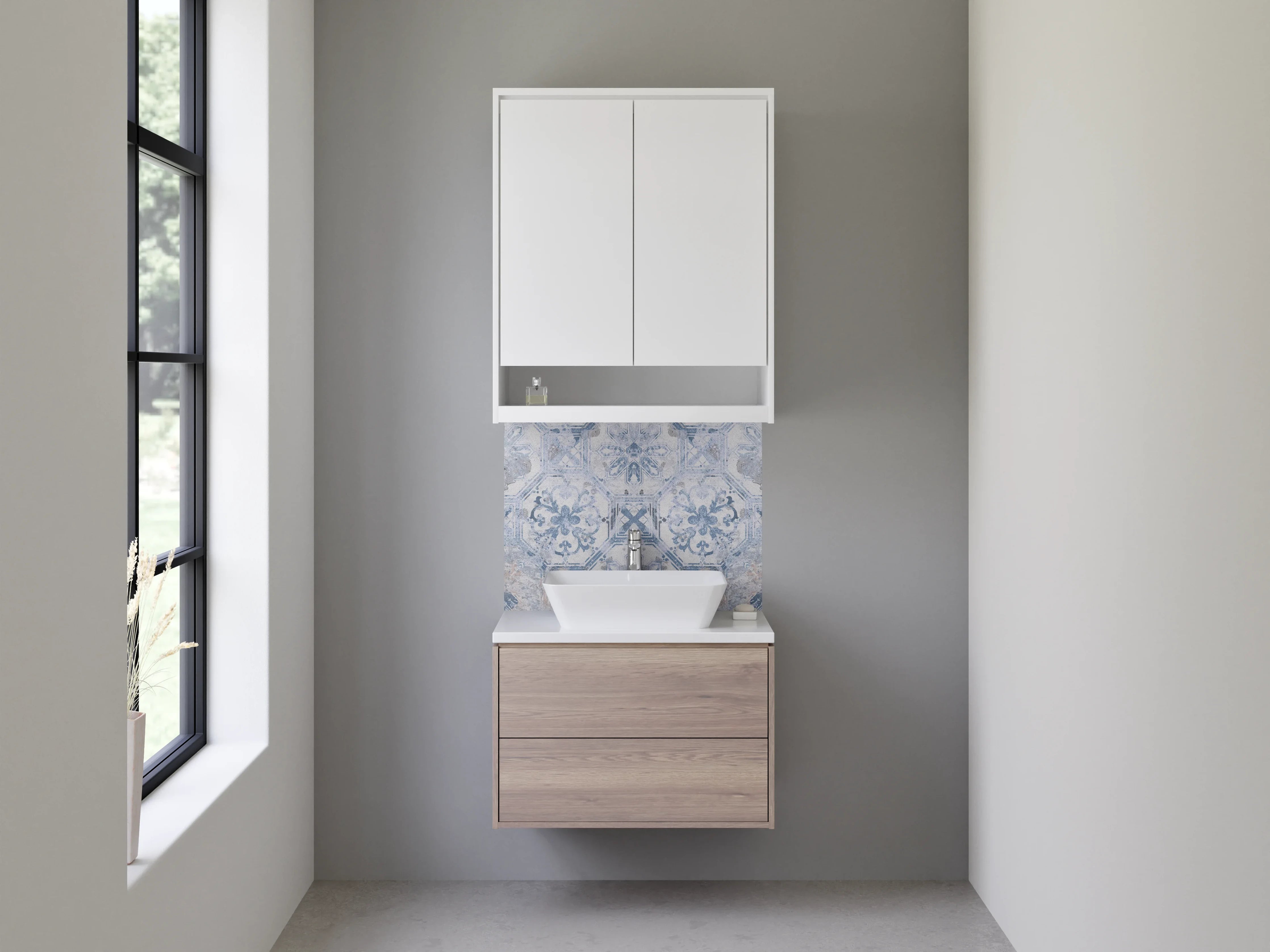Waschbecken-Rückwand - Retro-Fliesendesign in Taubenblau und Silbergrau