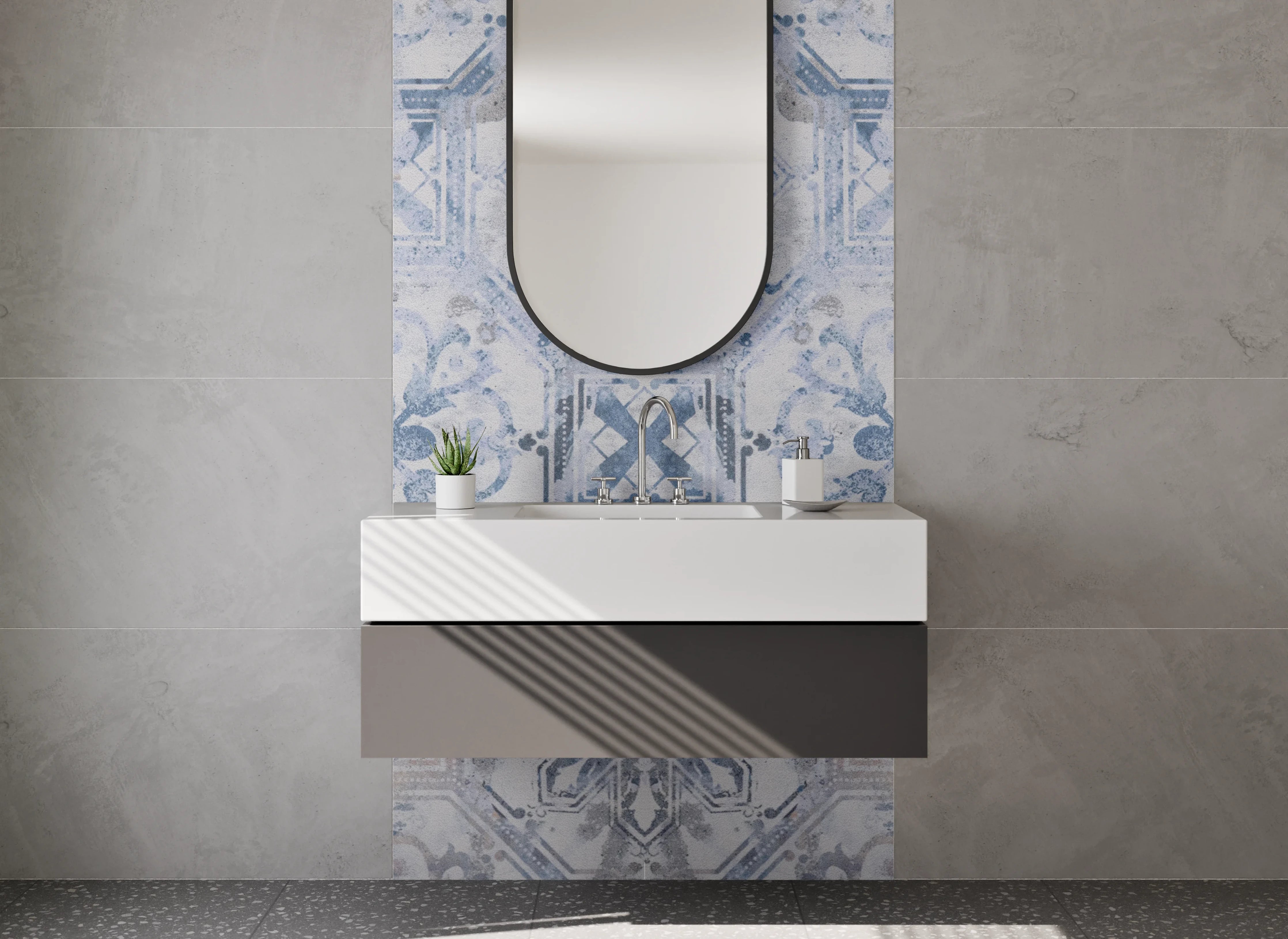 Waschbecken-Rückwand - Retro-Fliesendesign in Taubenblau und Silbergrau