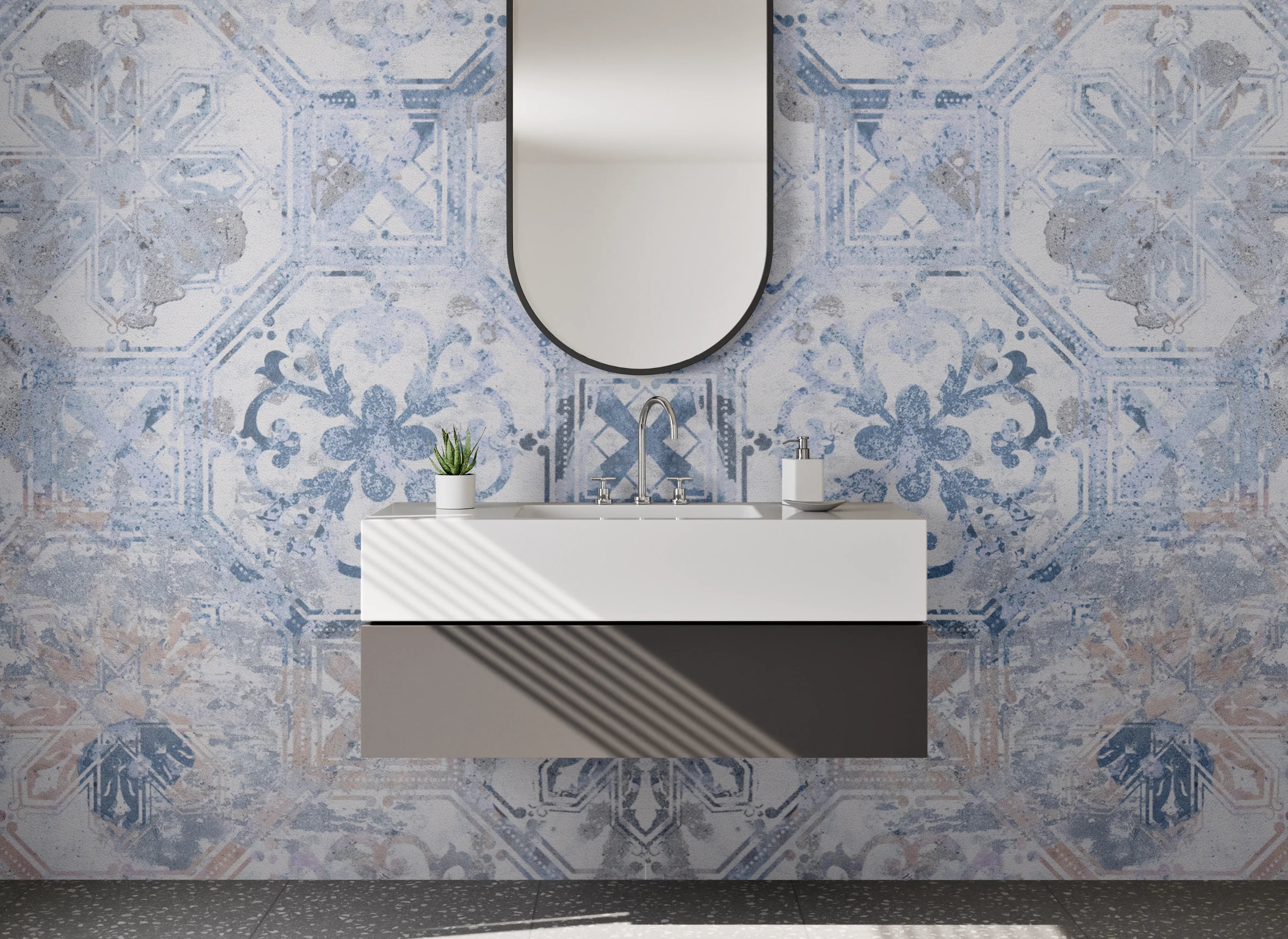Waschbecken-Rückwand - Retro-Fliesendesign in Taubenblau und Silbergrau