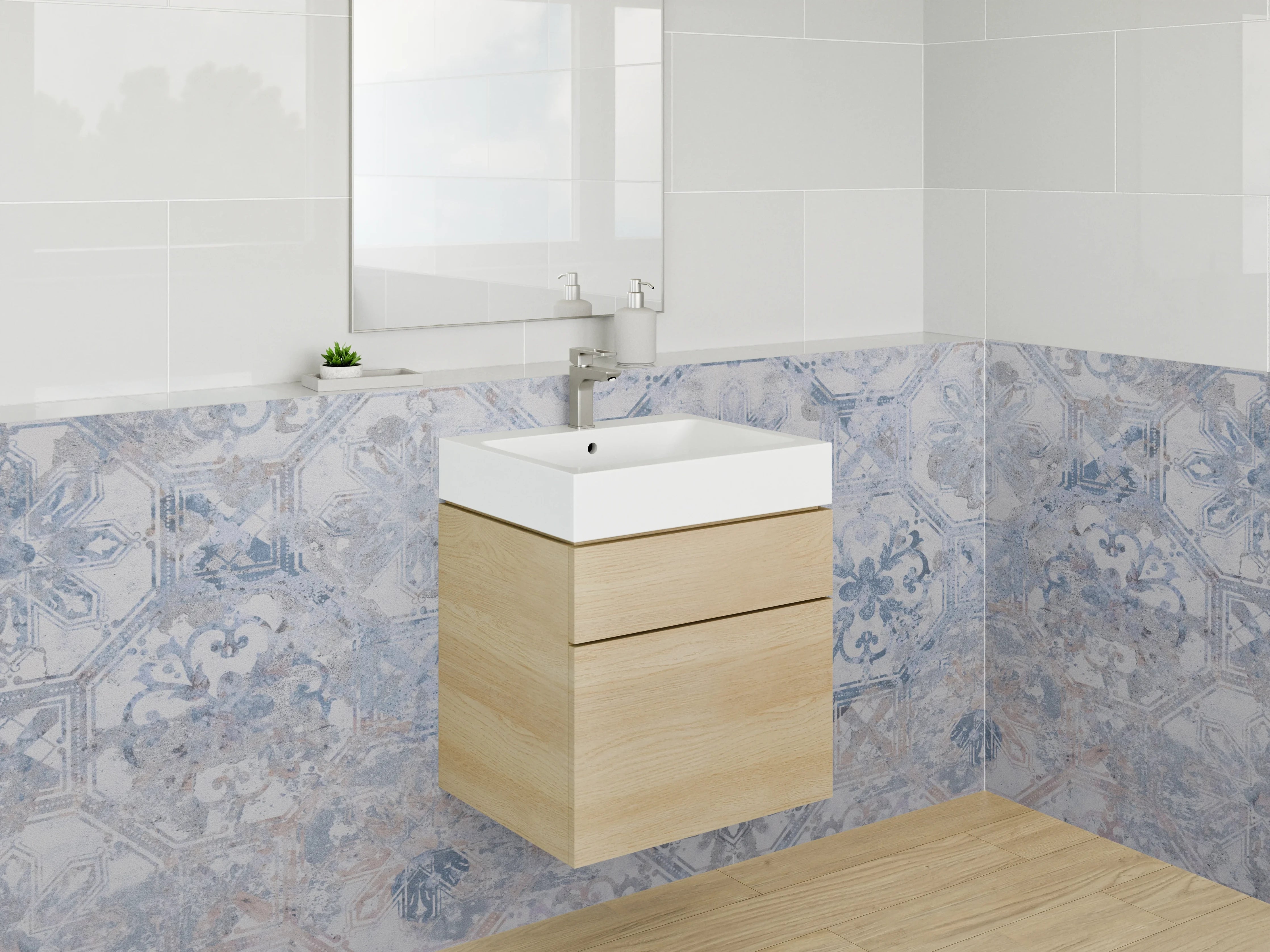 Waschbecken-Rückwand - Retro-Fliesendesign in Taubenblau und Silbergrau
