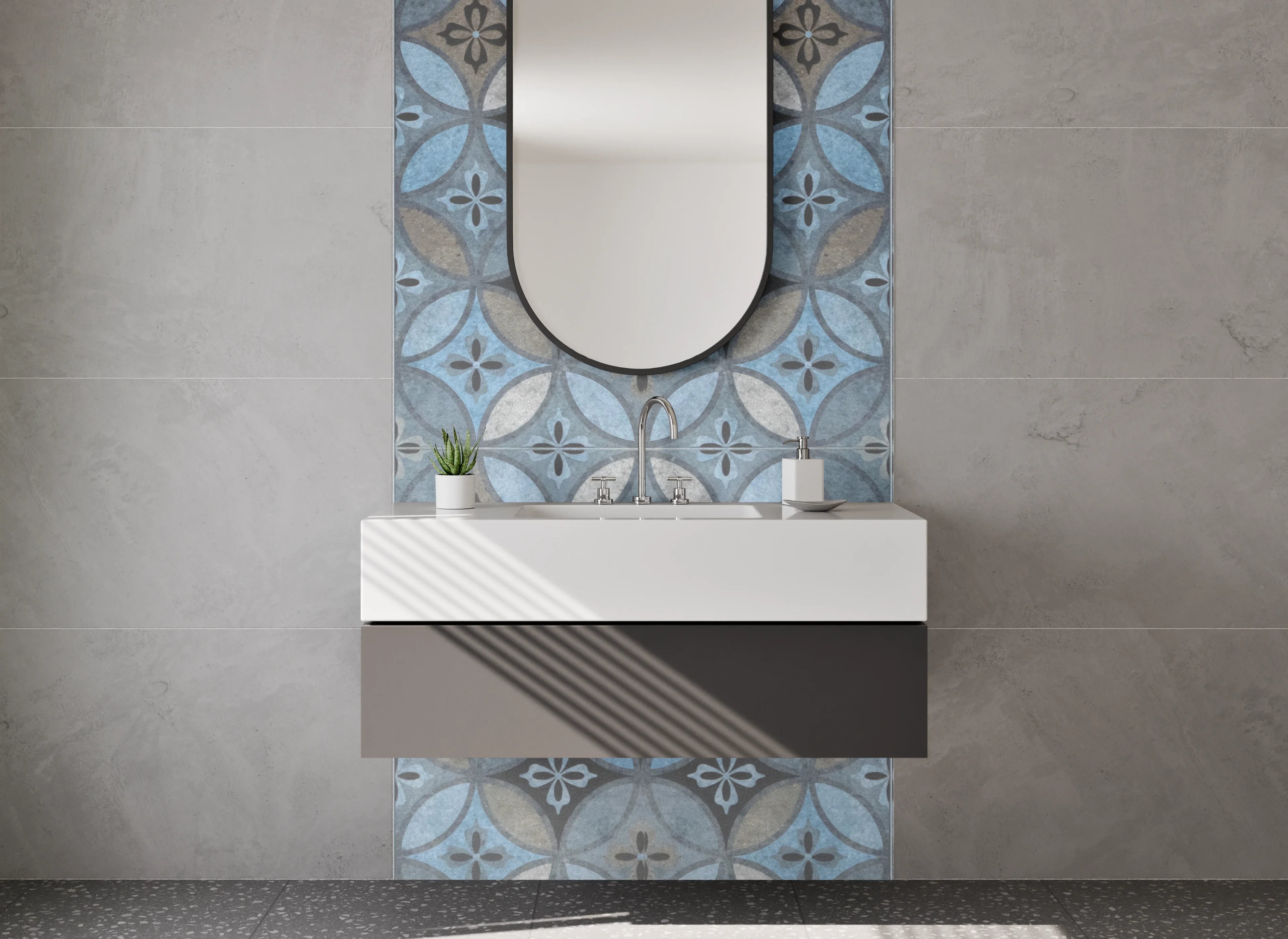Waschbecken-Rückwand - Retro-Fliesendesign: Blautöne & Grauweiß