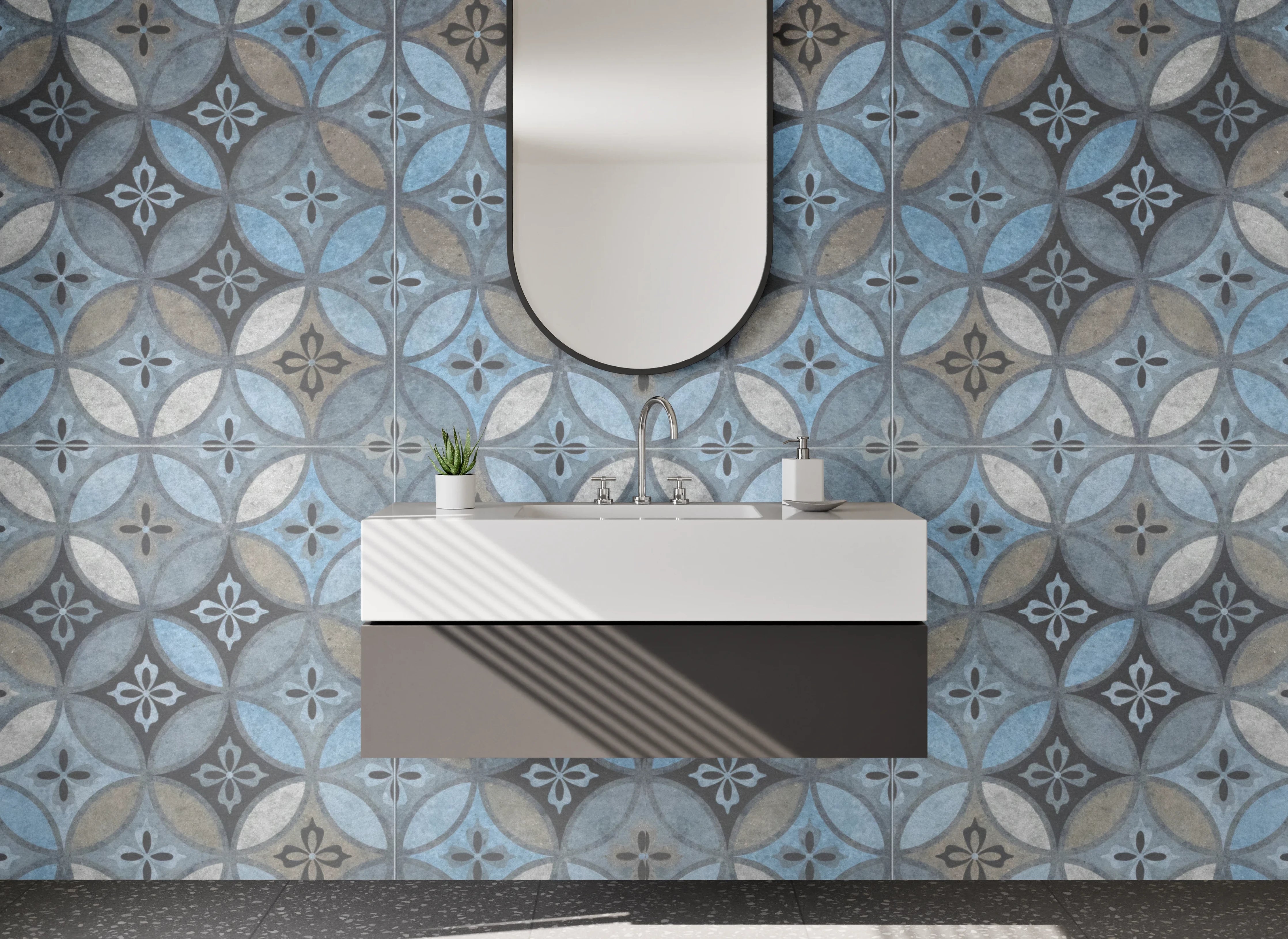 Waschbecken-Rückwand - Retro-Fliesendesign: Blautöne & Grauweiß