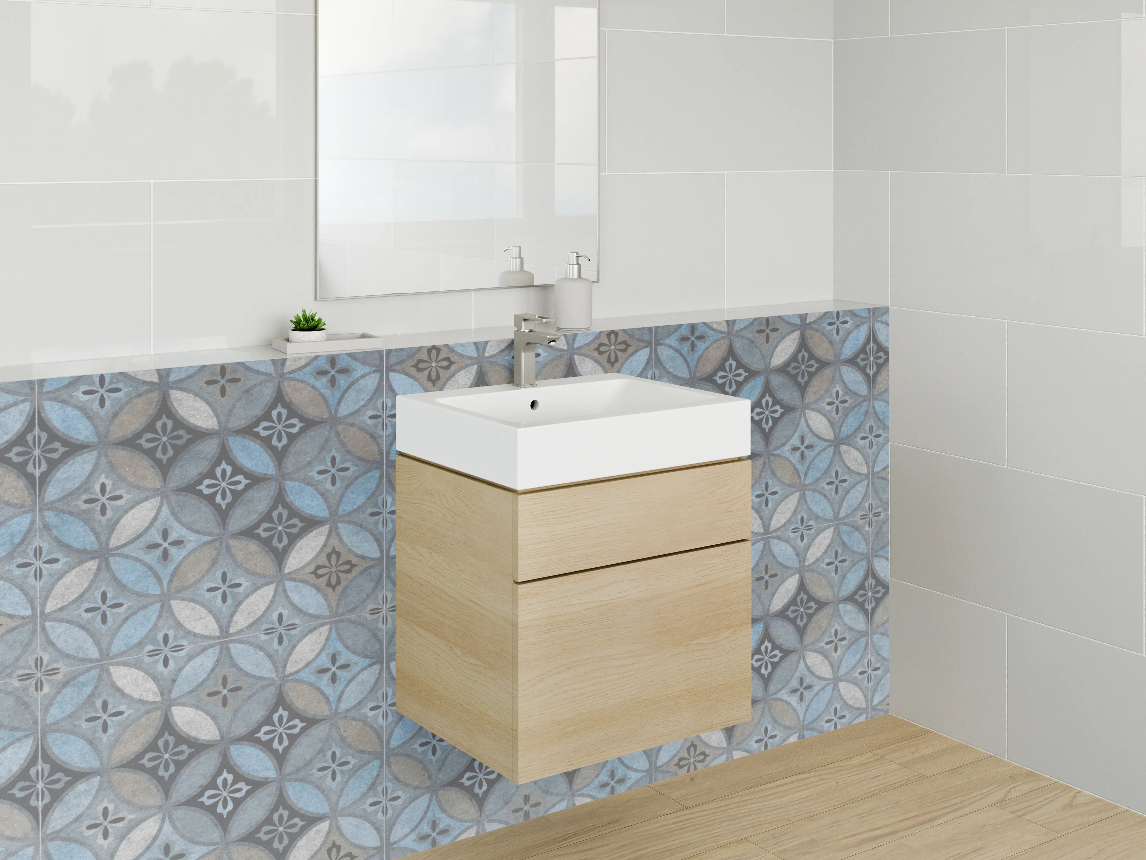 Waschbecken-Rückwand - Retro-Fliesendesign: Blautöne & Grauweiß