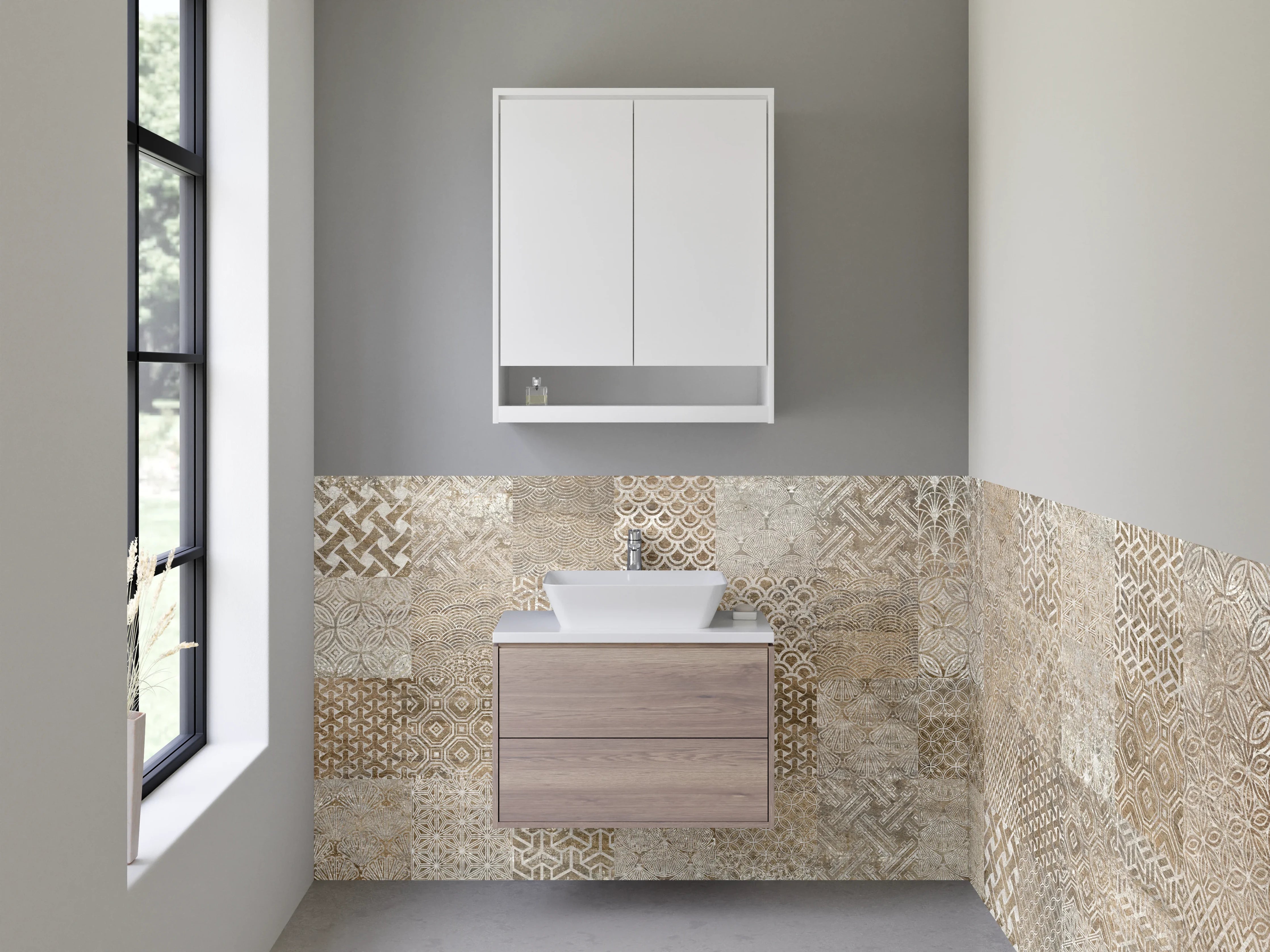 Waschbecken-Rückwand - Retro Fliesenmix Braun Beige Grau Weiß
