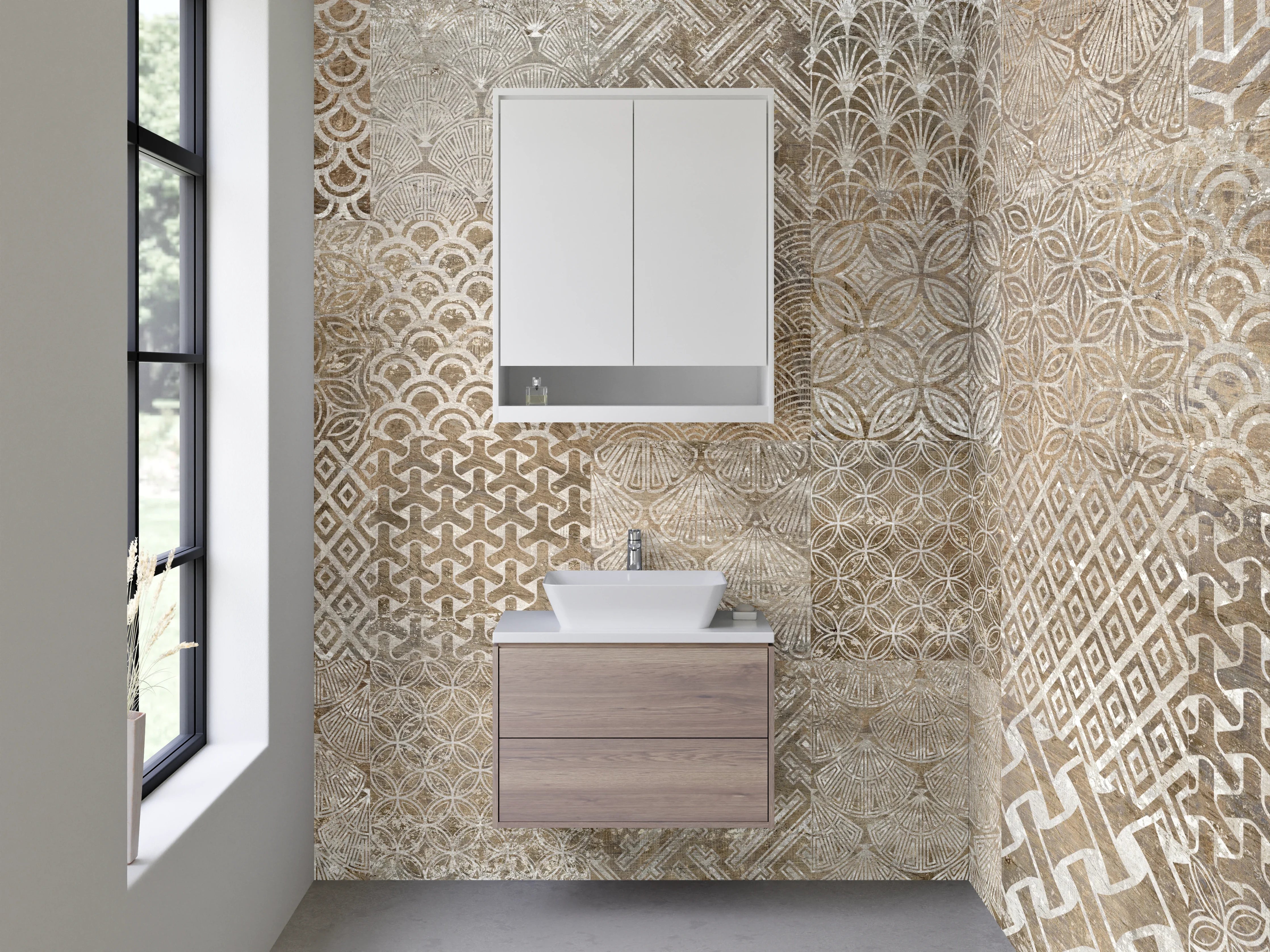 Waschbecken-Rückwand - Retro Fliesenmix Braun Beige Grau Weiß