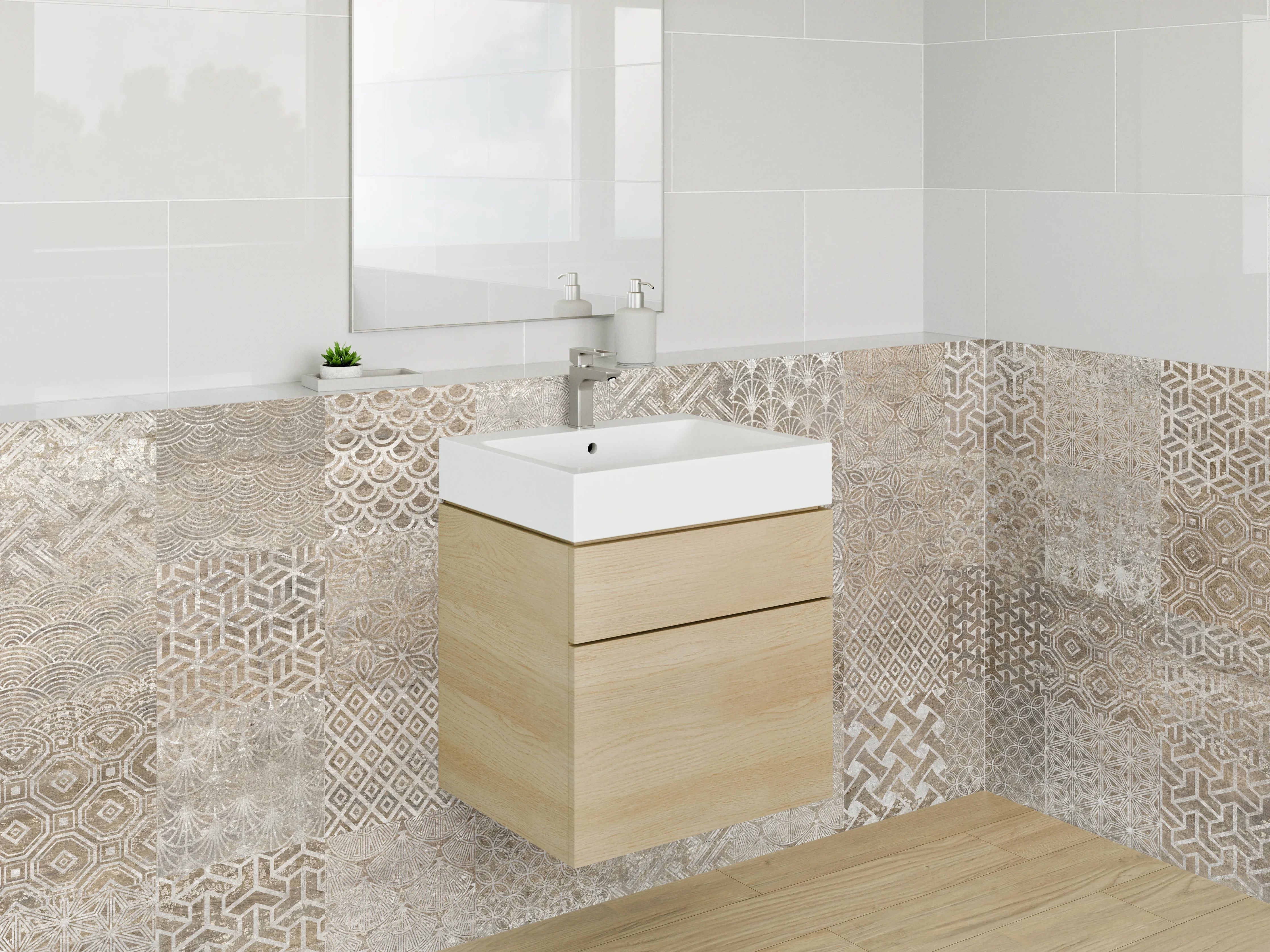 Waschbecken-Rückwand - Retro Fliesenmix Braun Beige Grau Weiß