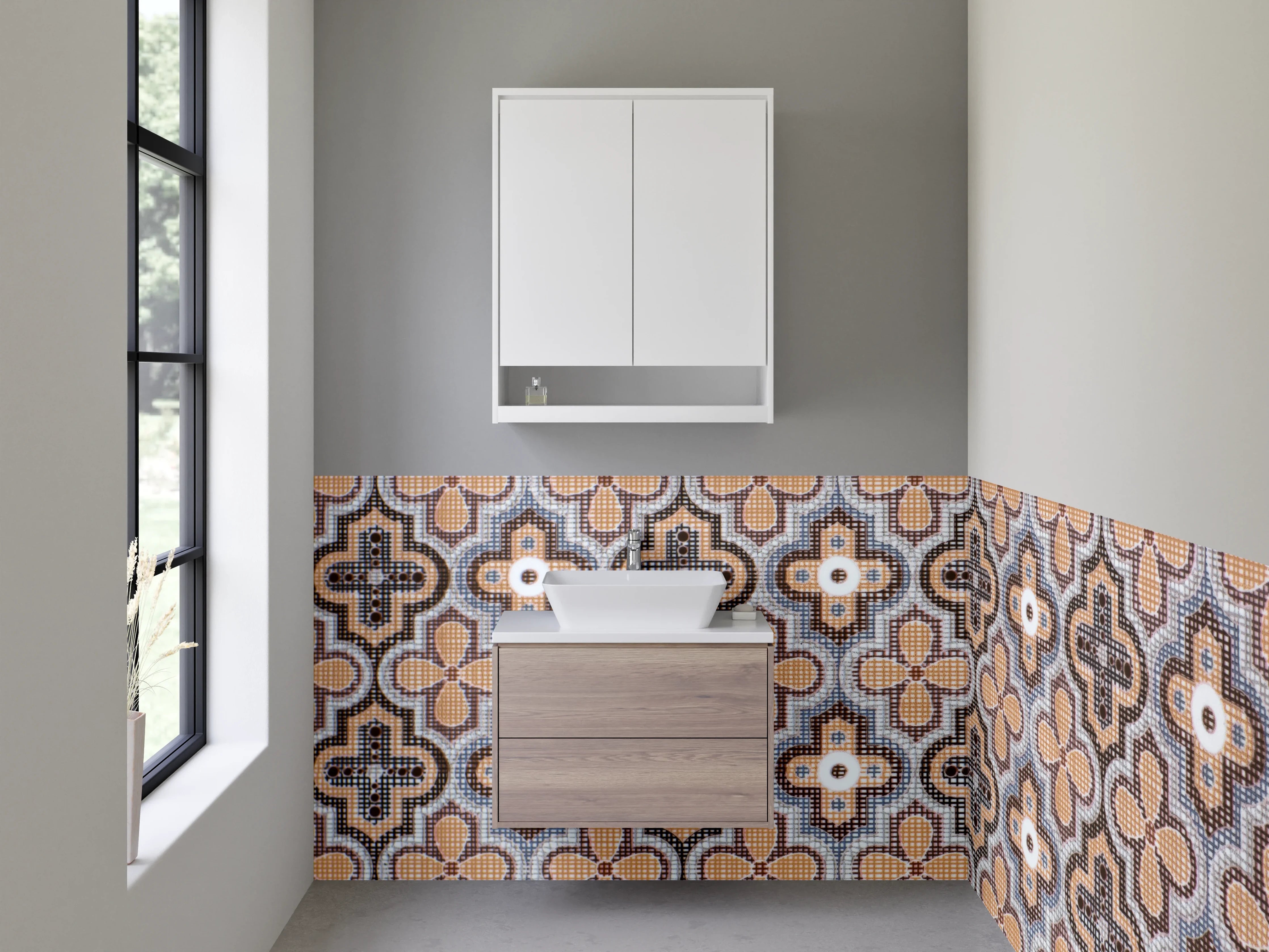 Waschbecken-Rückwand - Retro-Fliesenmuster Braun Beige Grau