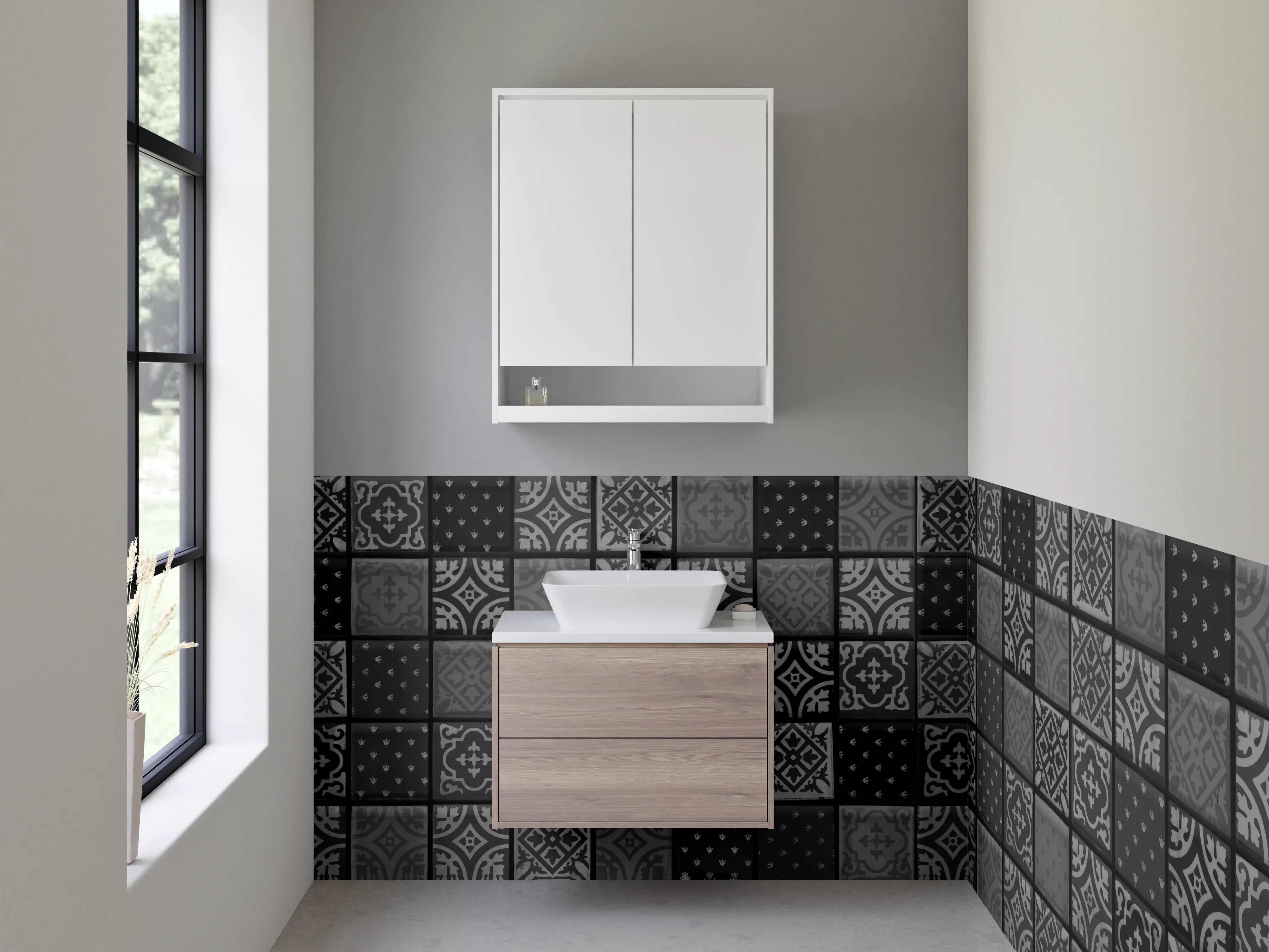 Waschbecken-Rückwand - Retro Fliesenmuster Schwarz-Weiß