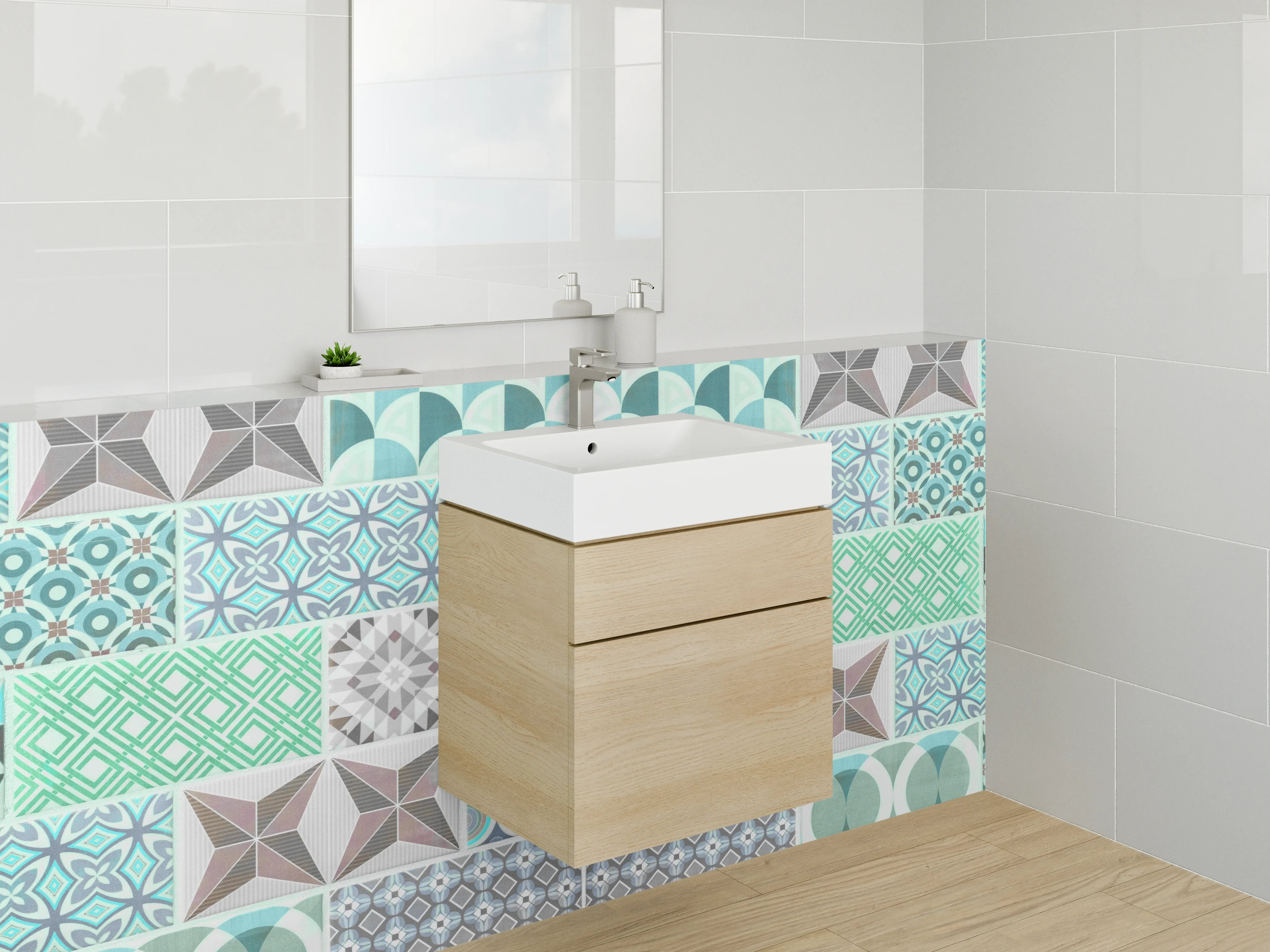 Waschbecken-Rückwand - Retro Fliesenmuster Türkis-Grau Modern
