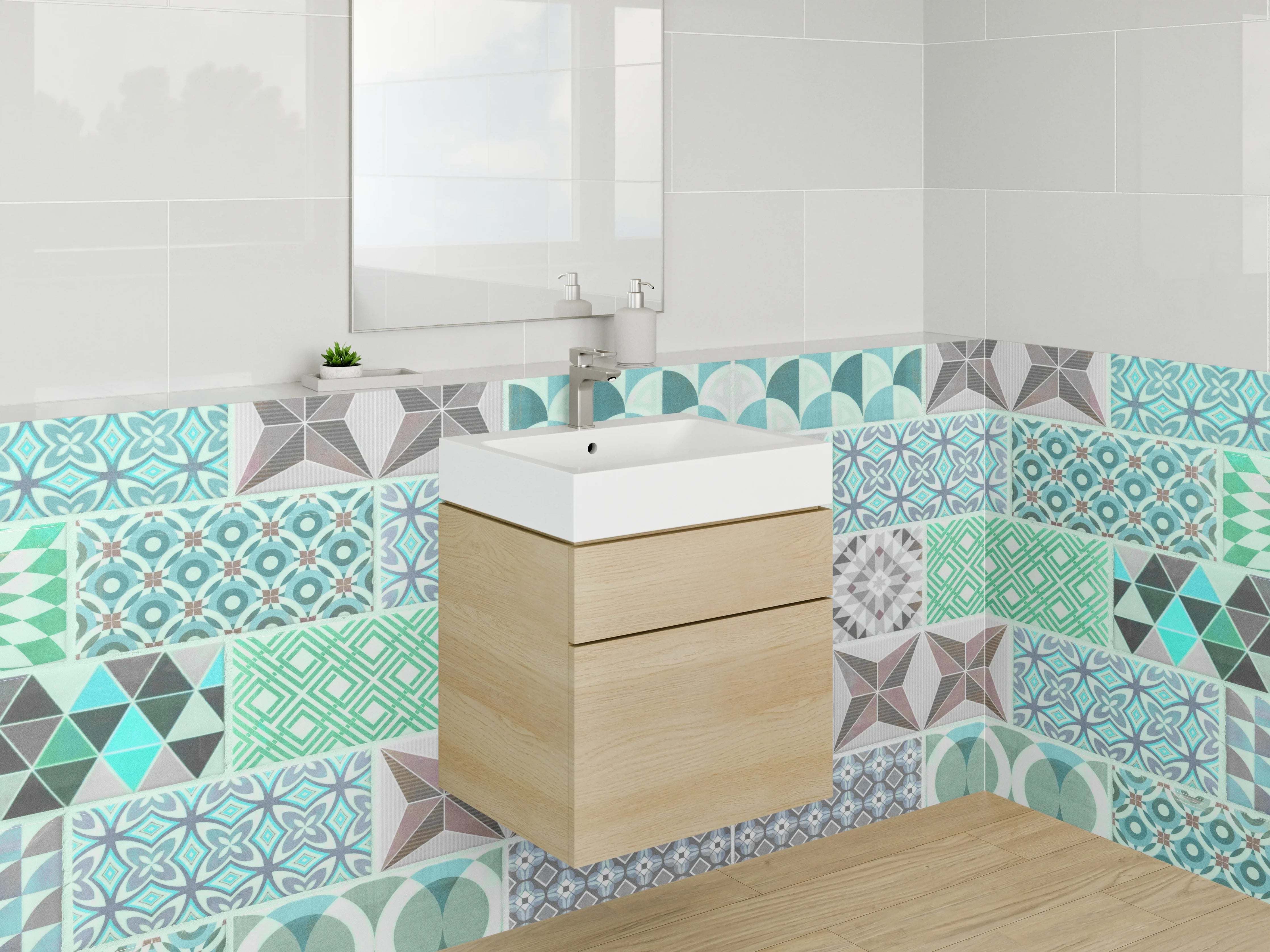 Waschbecken-Rückwand - Retro Fliesenmuster Türkis-Grau Modern