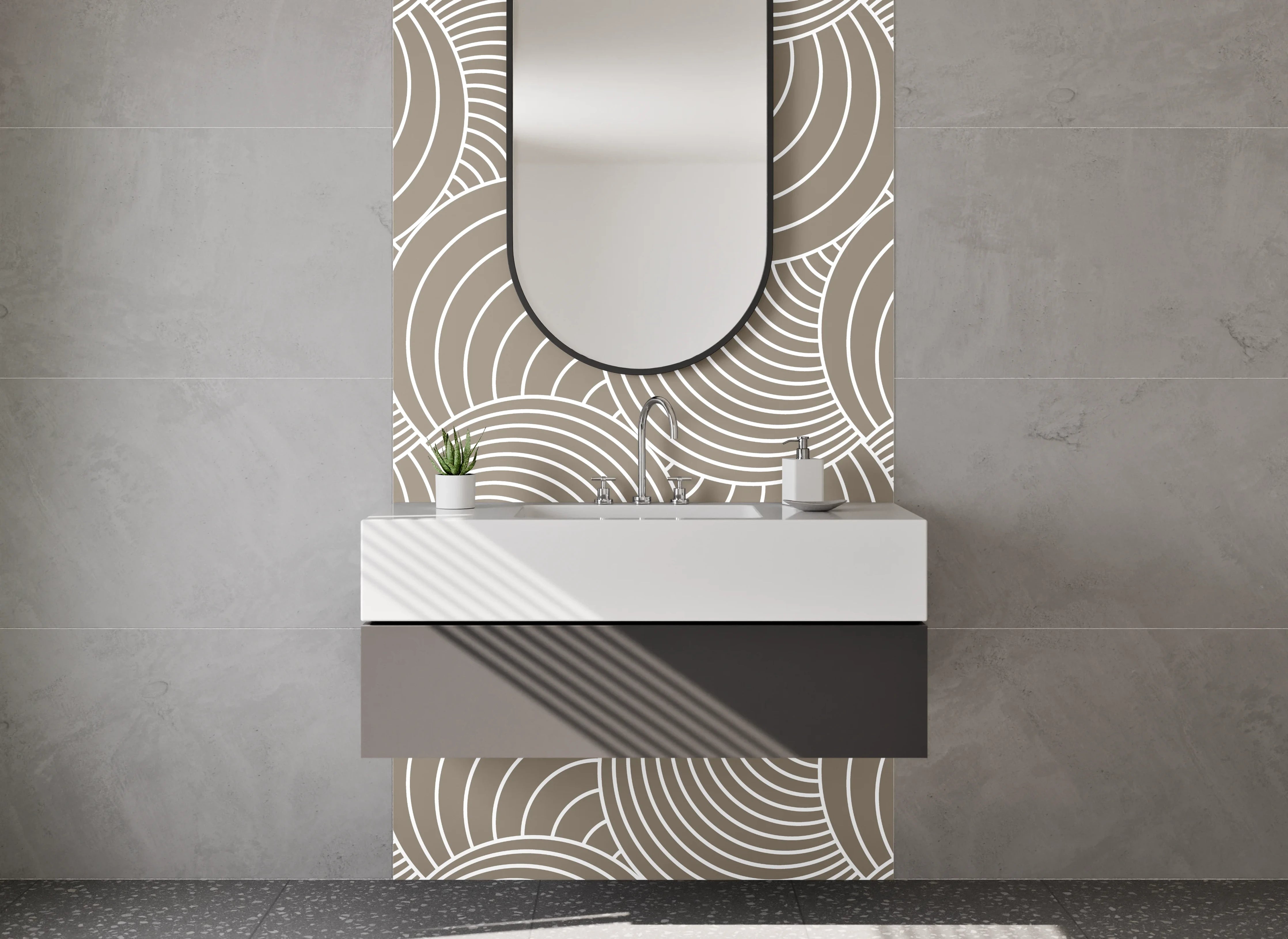 Waschbecken-Rückwand - Retro Geometrie: Beige-Grau-Weiß Muster