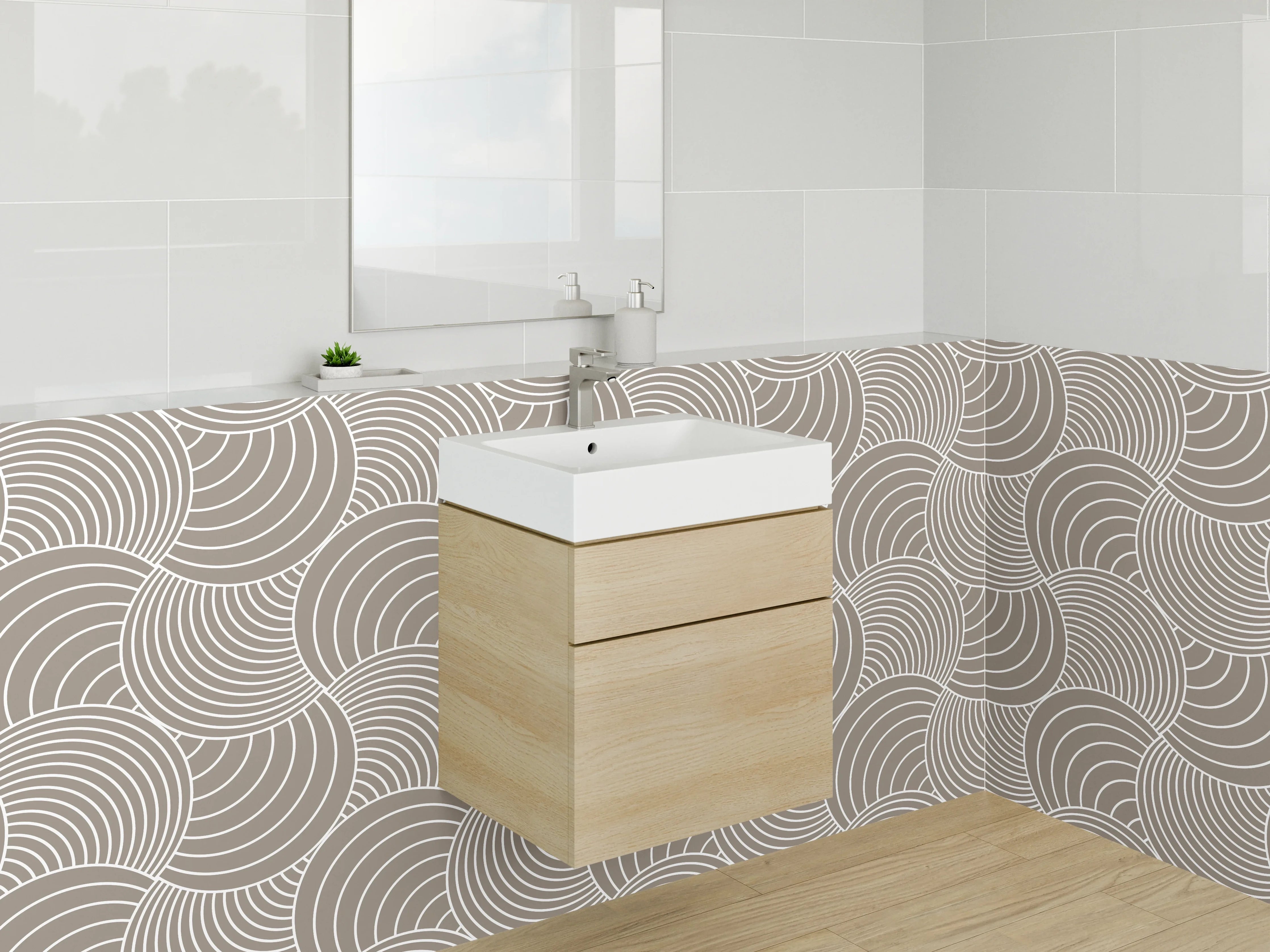 Waschbecken-Rückwand - Retro Geometrie: Beige-Grau-Weiß Muster