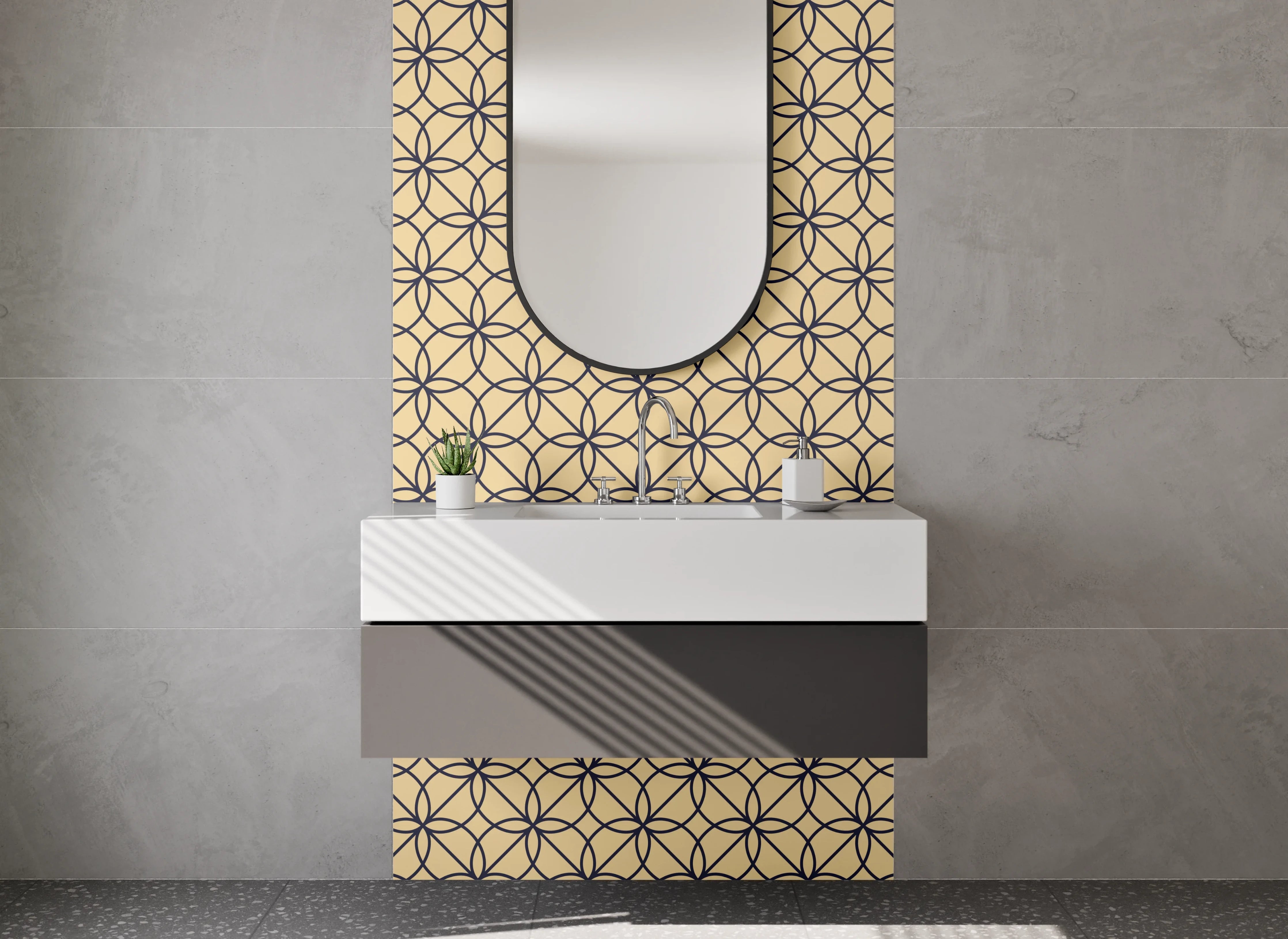 Waschbecken-Rückwand - Retro-Grafik in Taupe und Grau