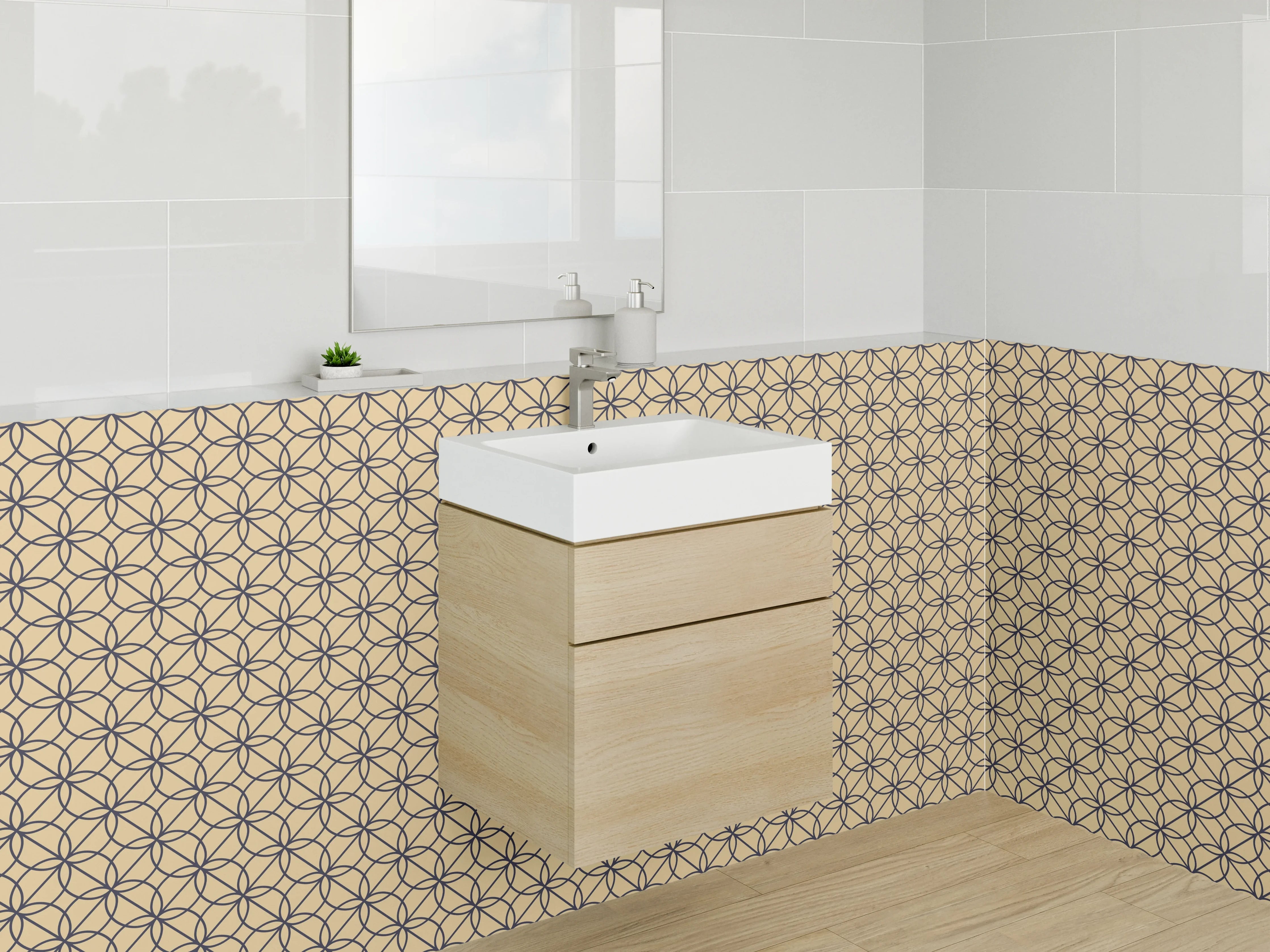 Waschbecken-Rückwand - Retro-Grafik in Taupe und Grau