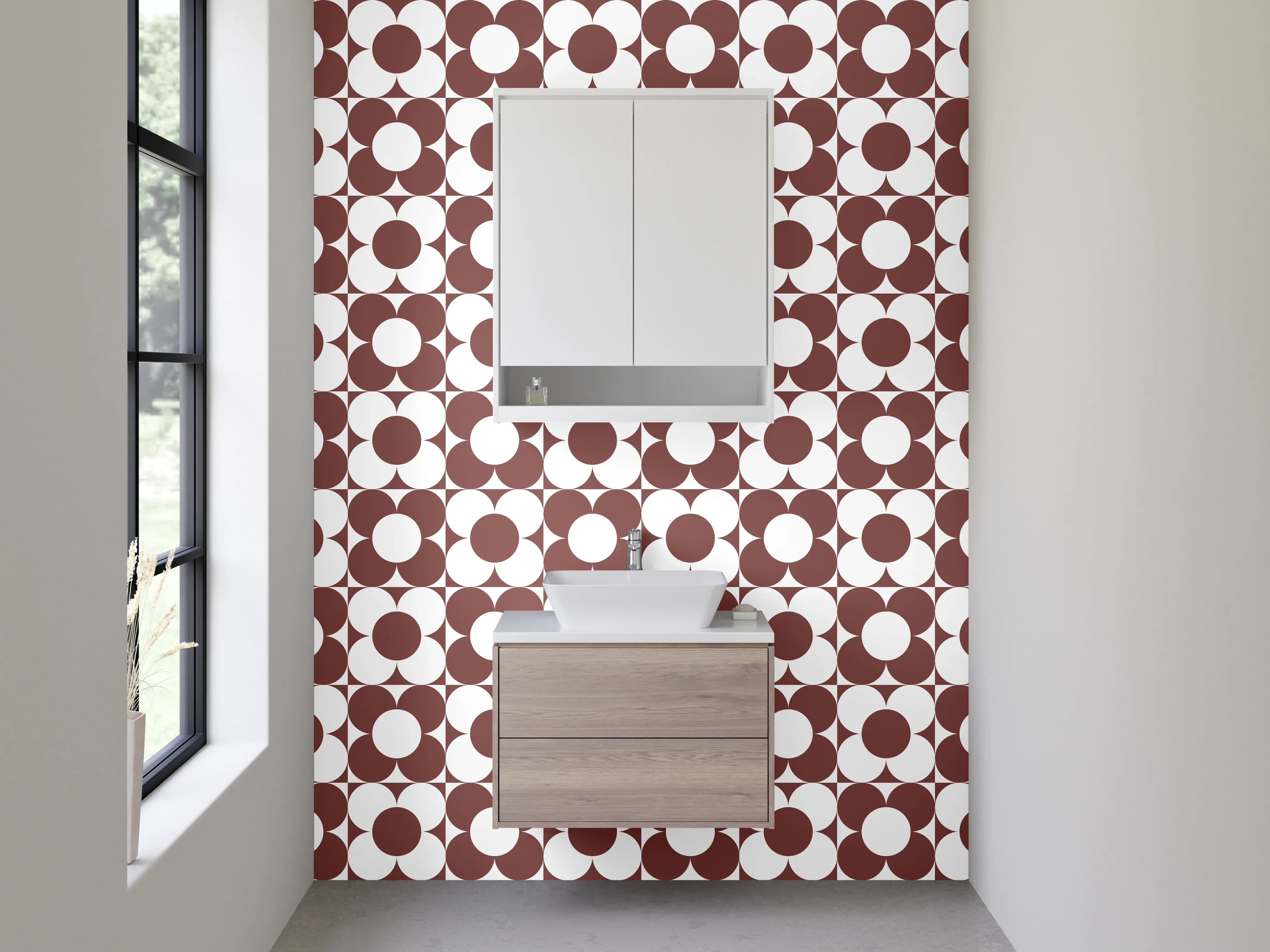 Waschbecken-Rückwand - Retro Kreis Muster Braun Weiß