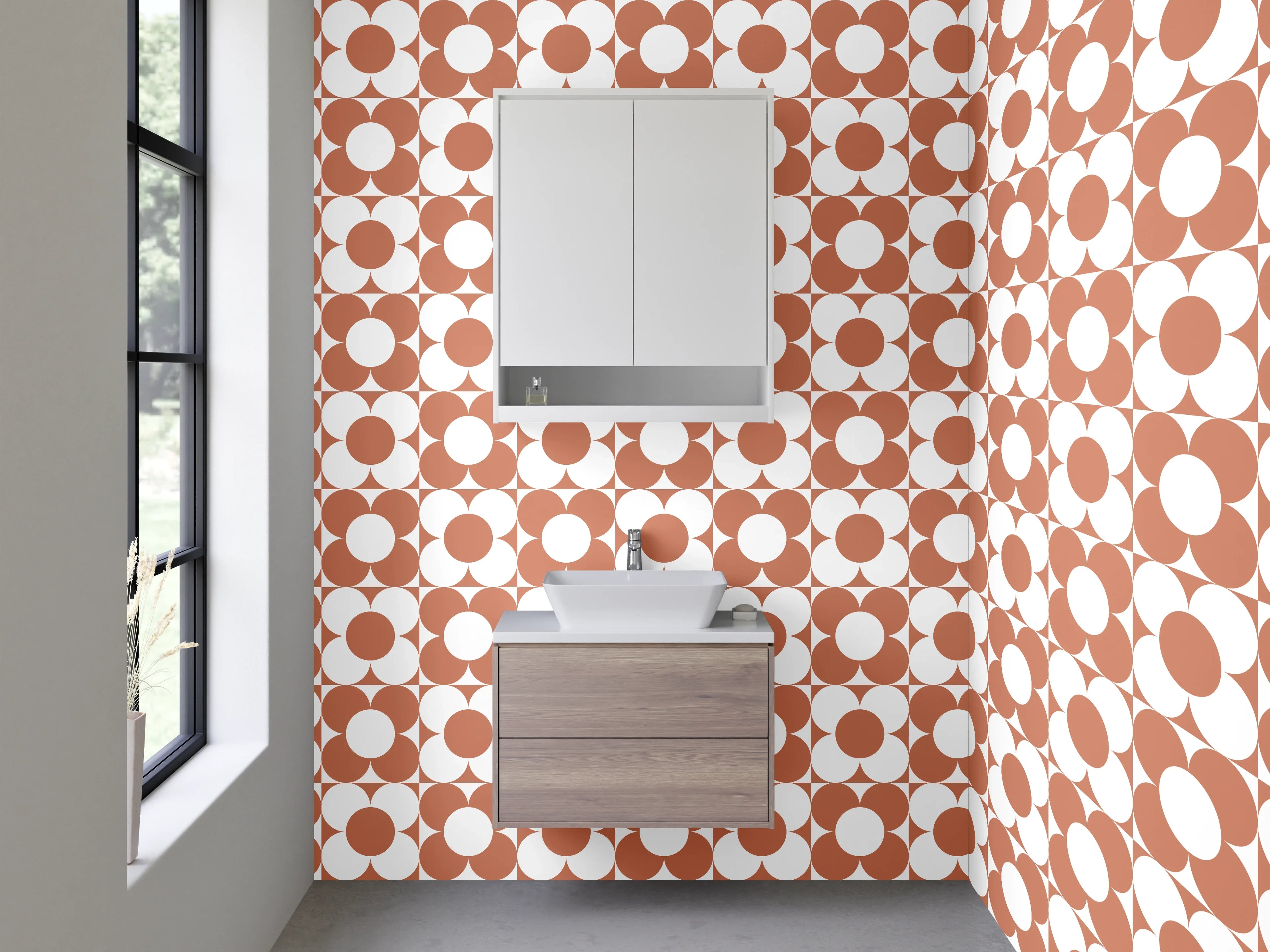 Waschbecken-Rückwand - Retro Kreis Muster Orange Weiß