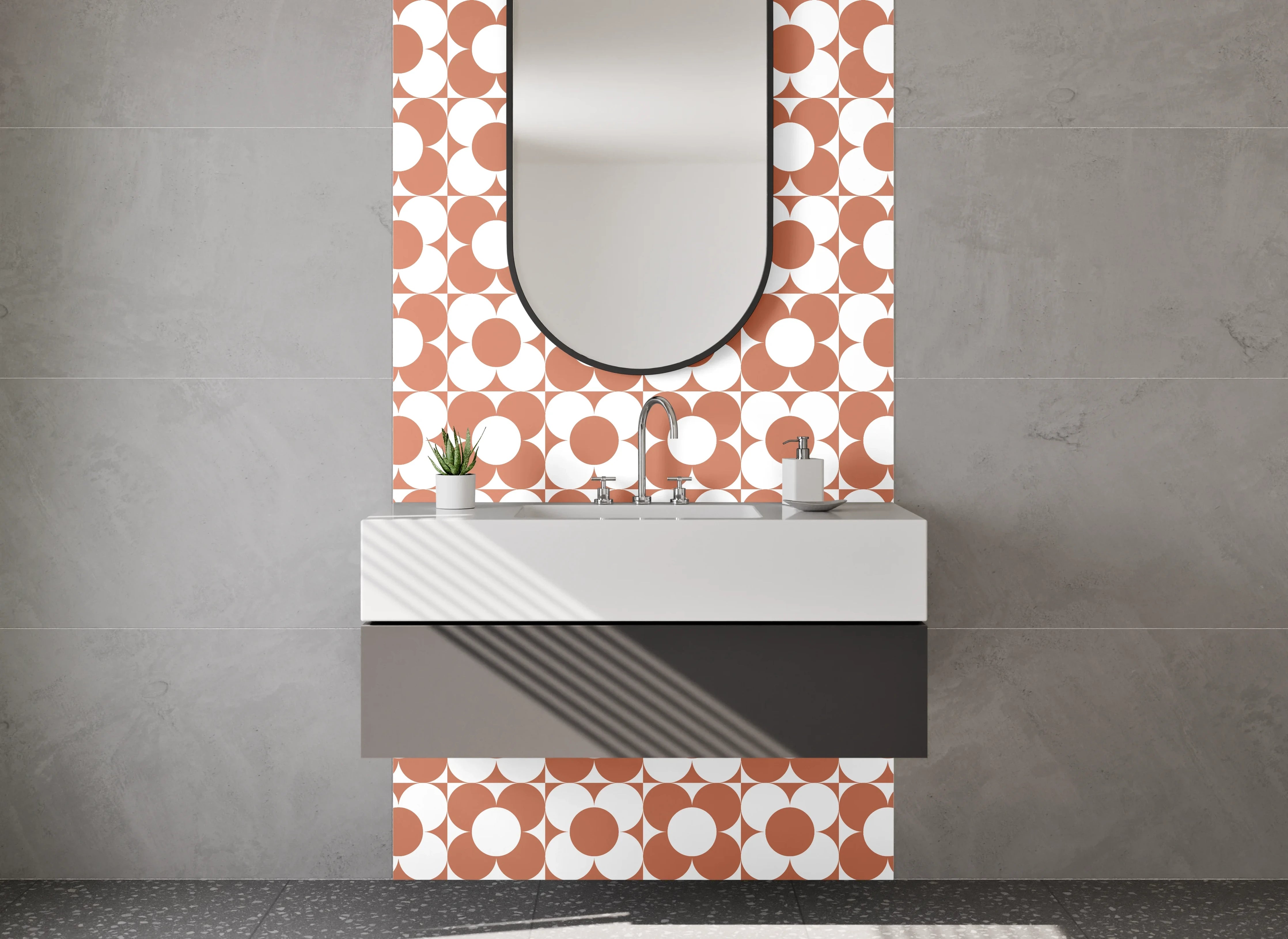 Waschbecken-Rückwand - Retro Kreis Muster Orange Weiß
