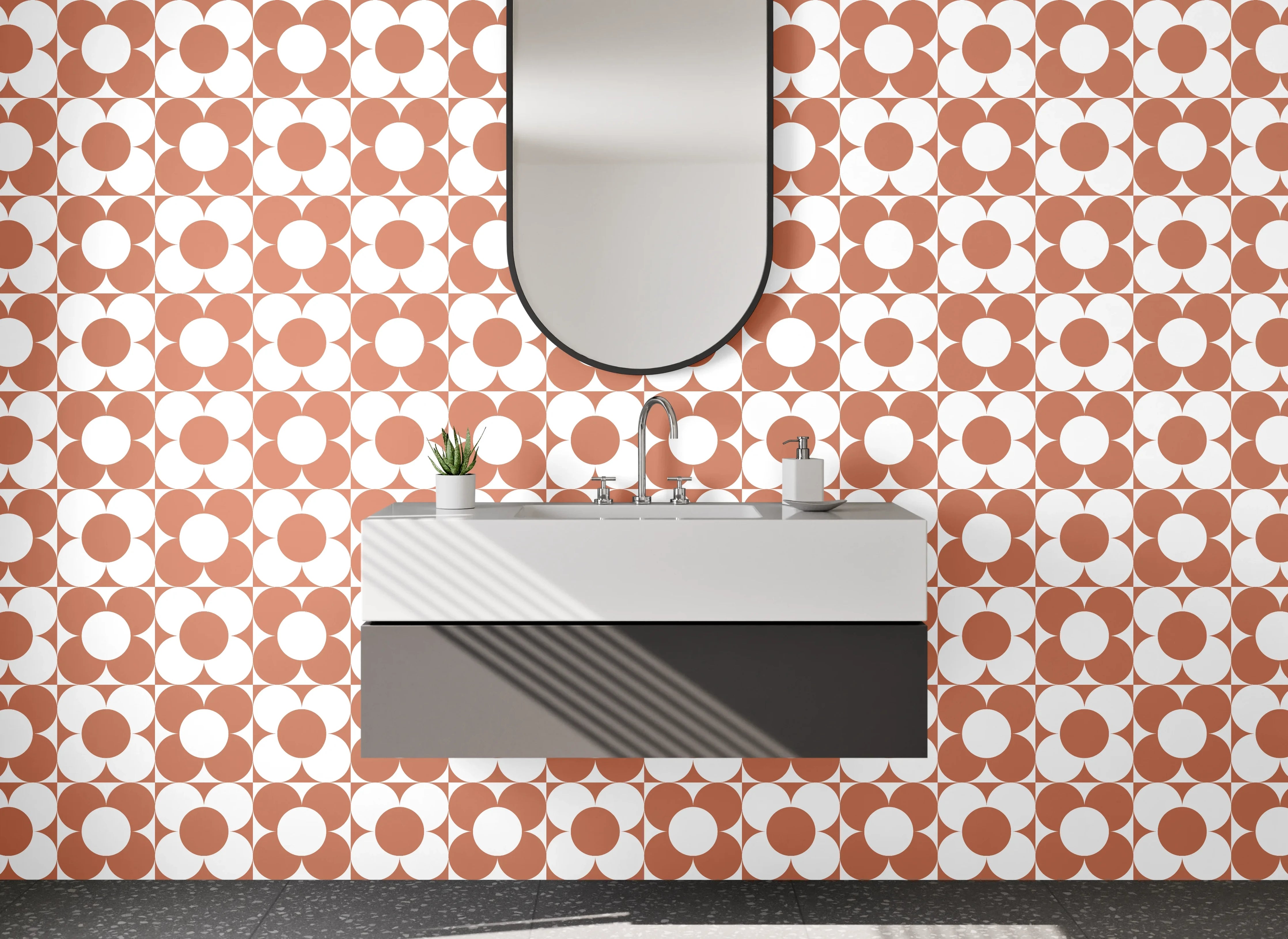 Waschbecken-Rückwand - Retro Kreis Muster Orange Weiß