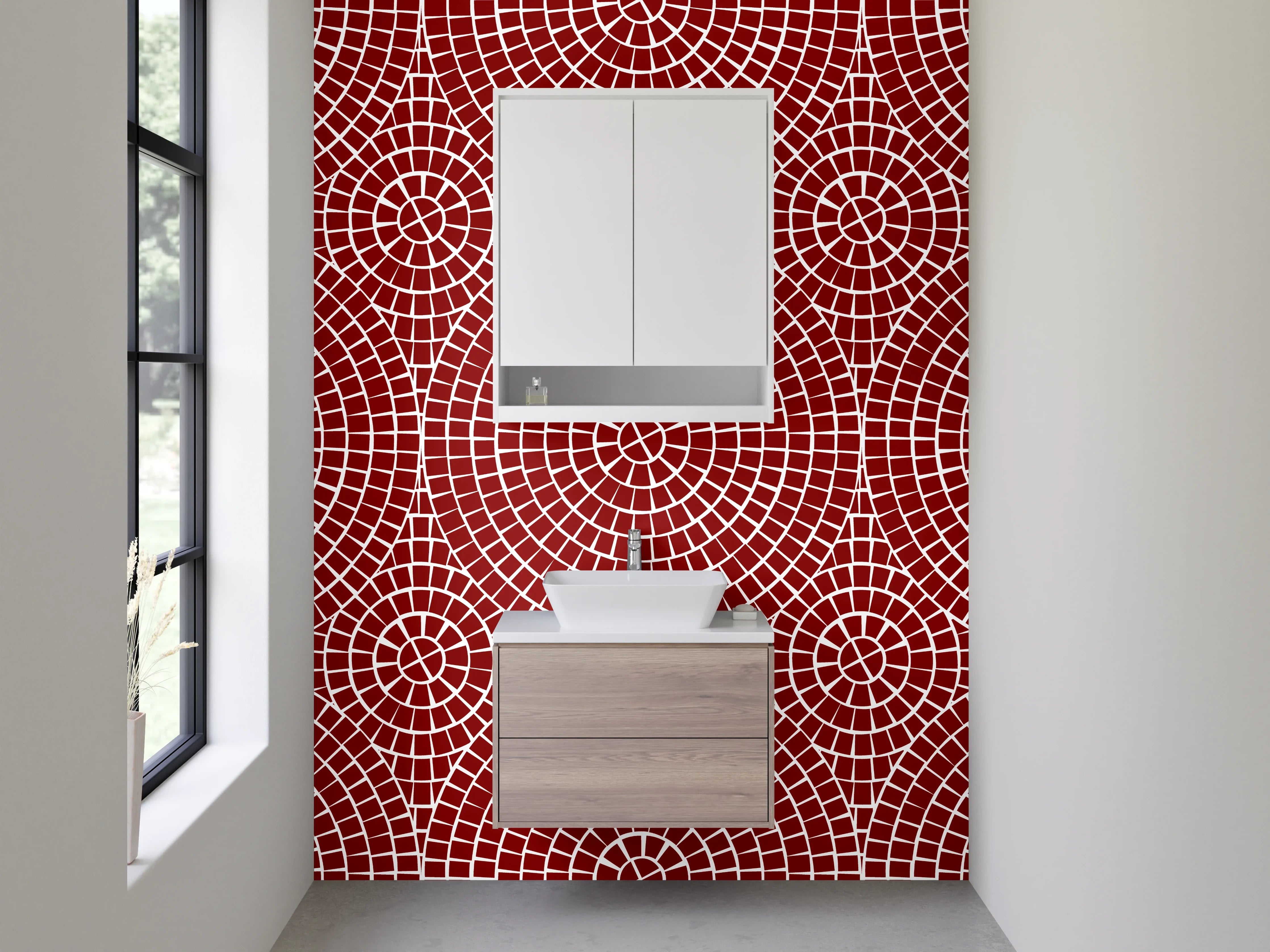 Waschbecken-Rückwand - Retro Kreislinien Muster Rot Weiß