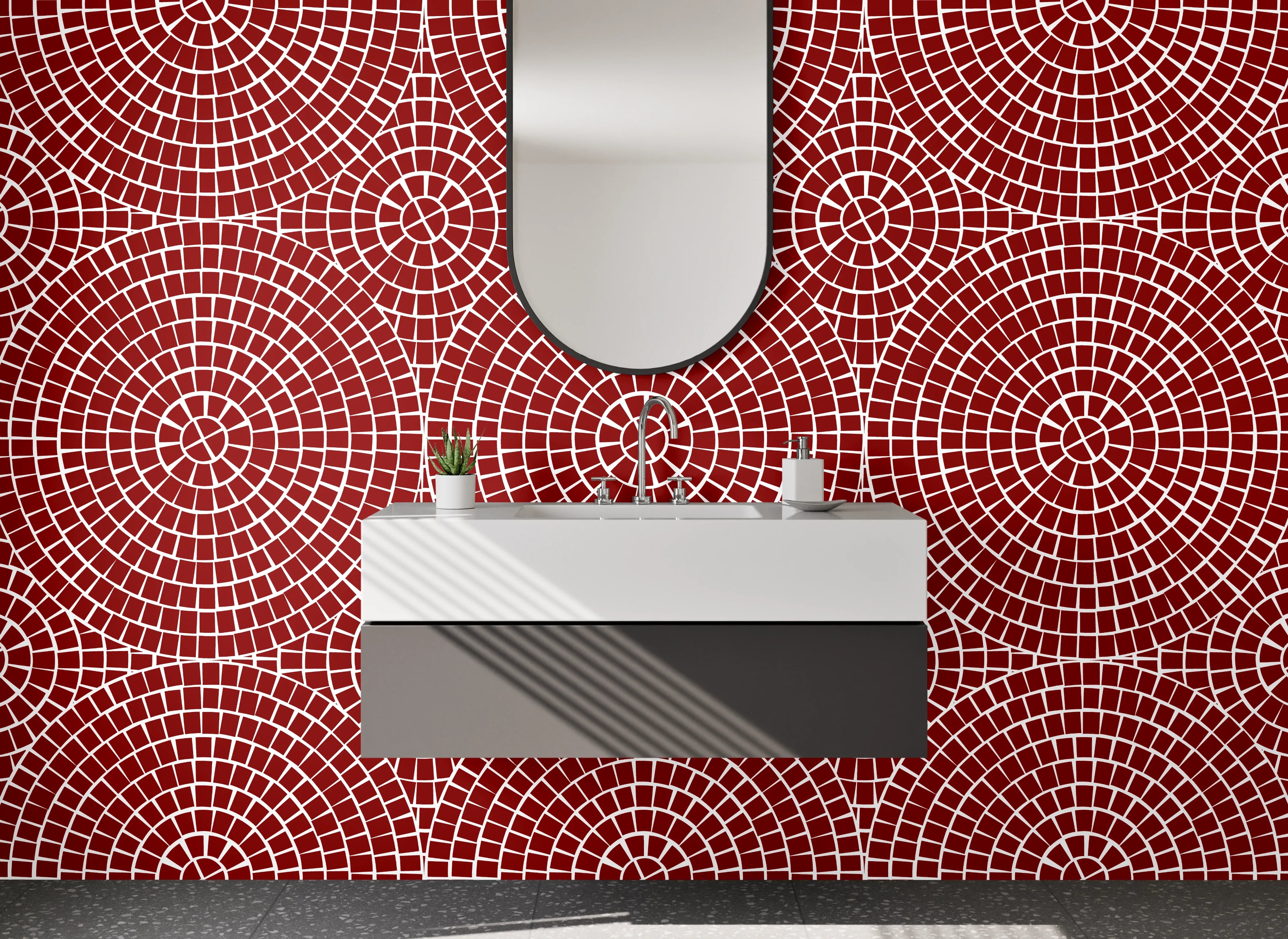 Waschbecken-Rückwand - Retro Kreislinien Muster Rot Weiß
