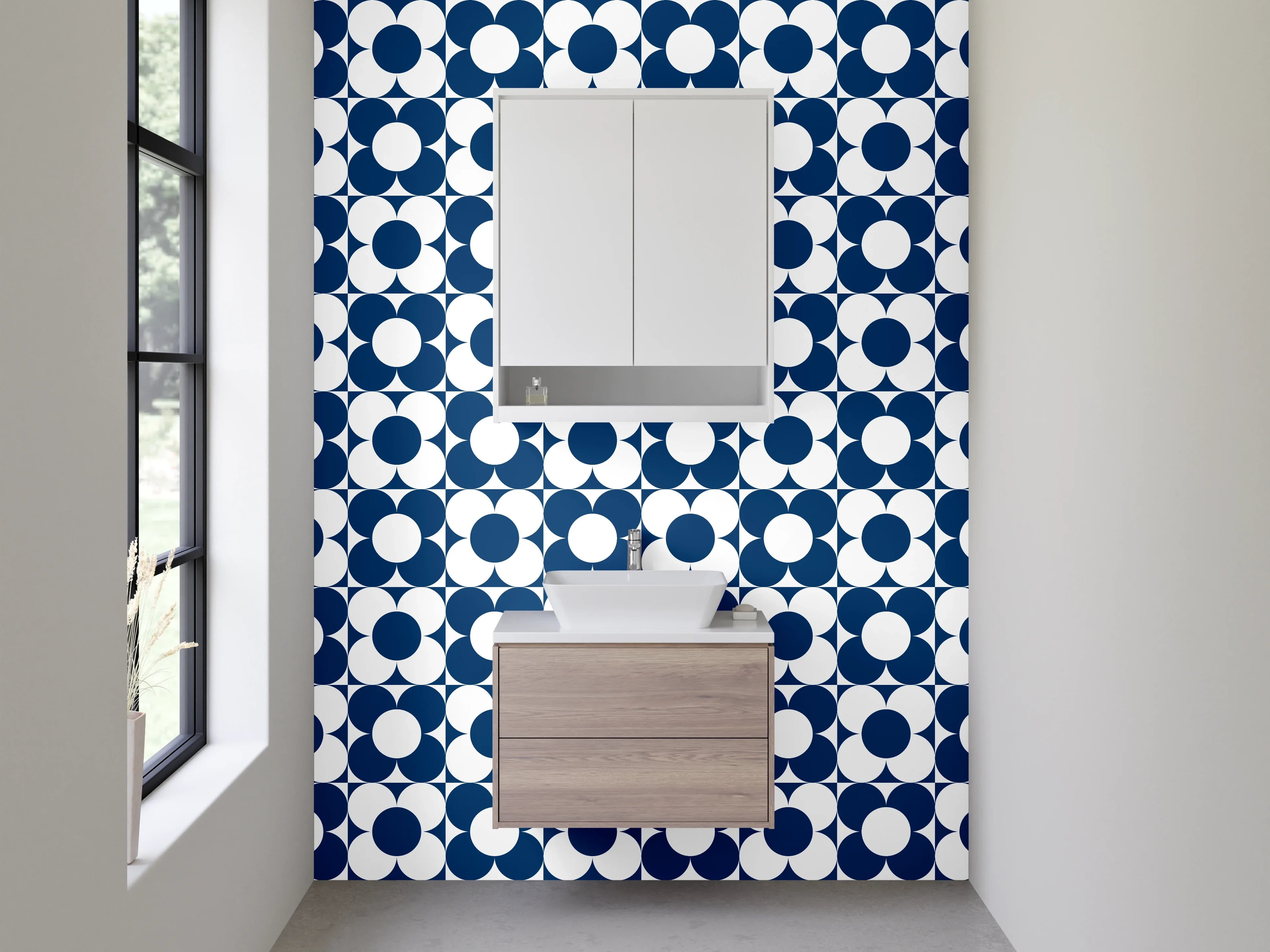 Waschbecken-Rückwand - Retro Kreismuster Blau Weiß Fliese